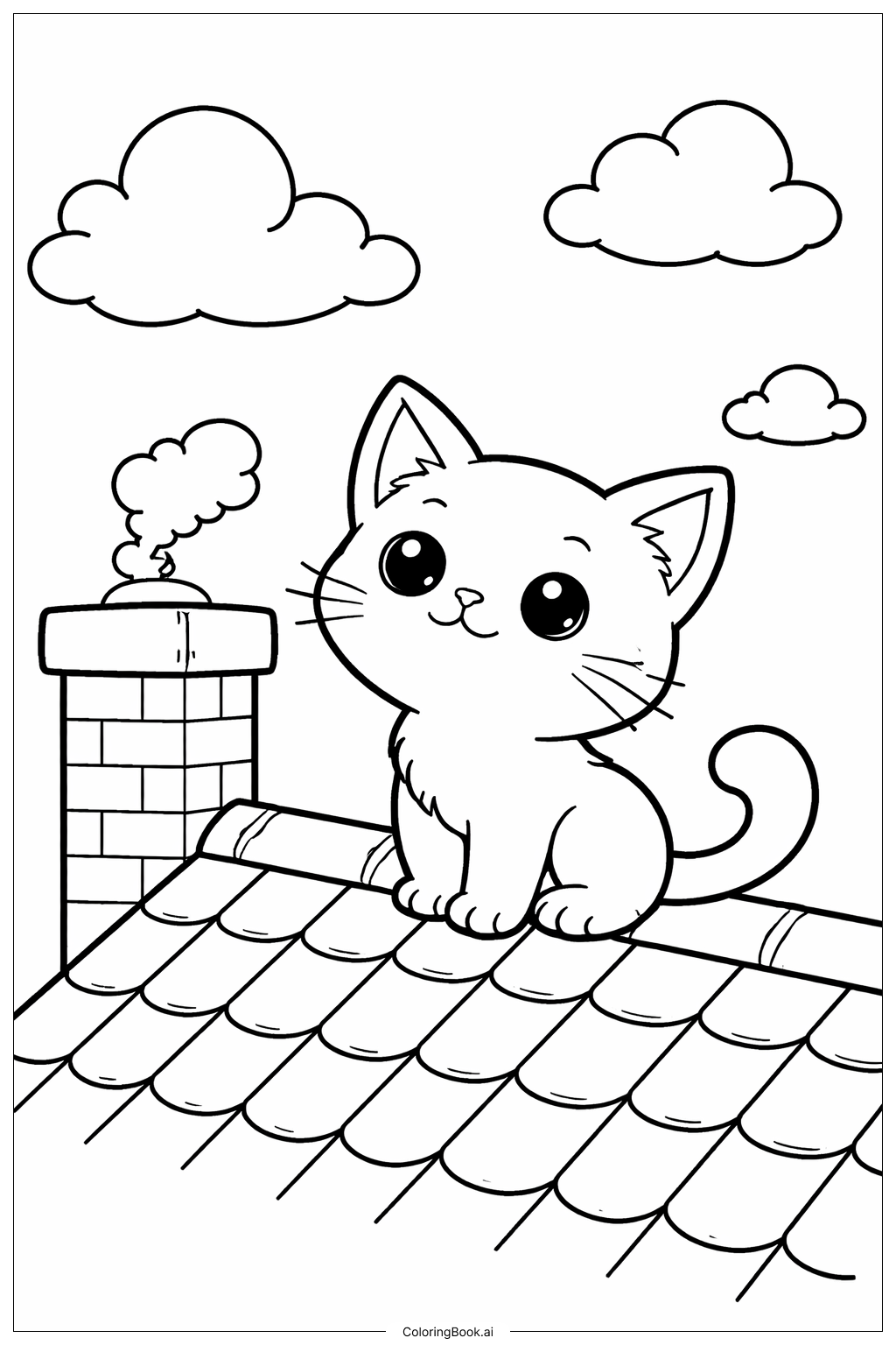  屋顶上的小猫咪填色页 