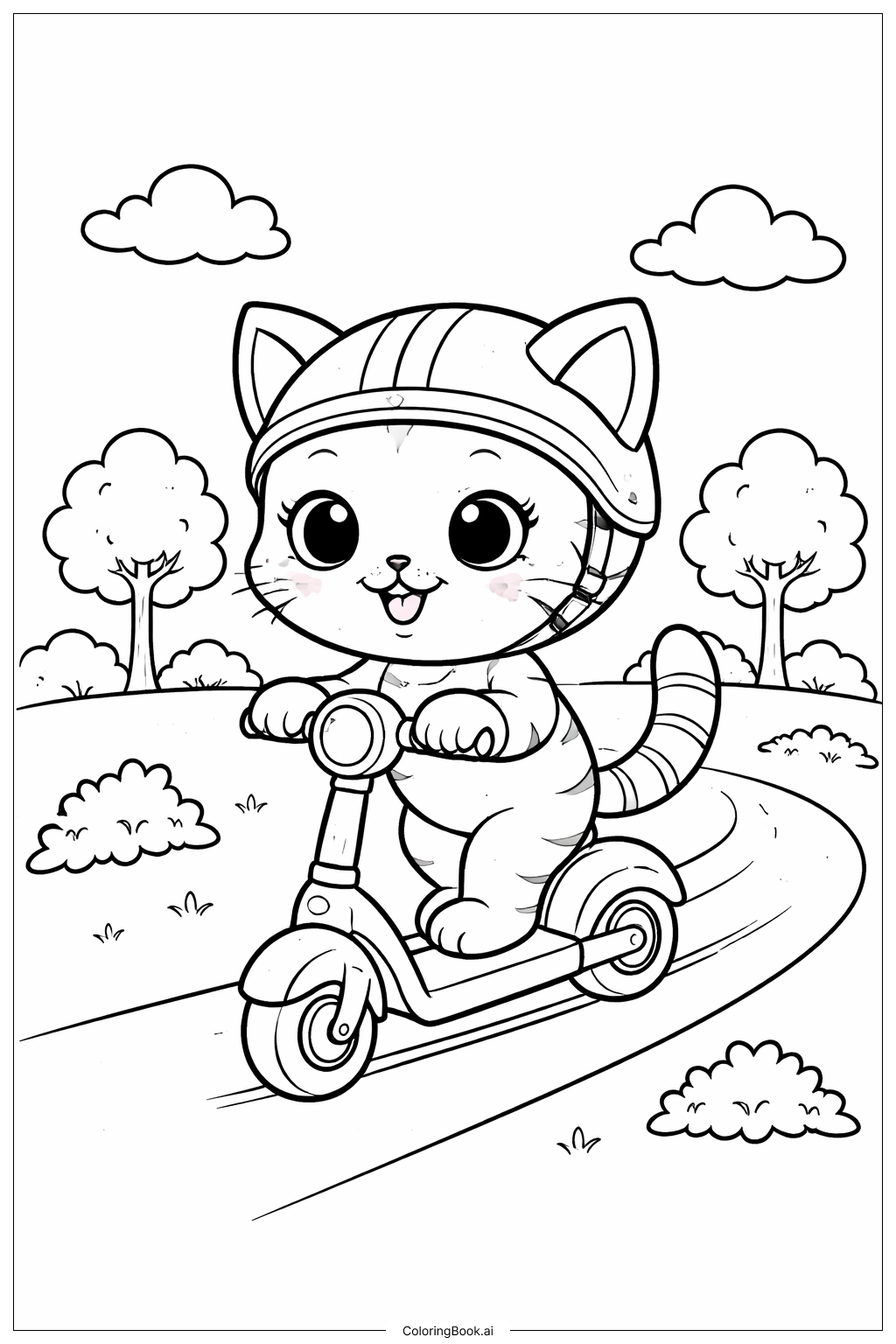  小貓騎滑板車著色頁 