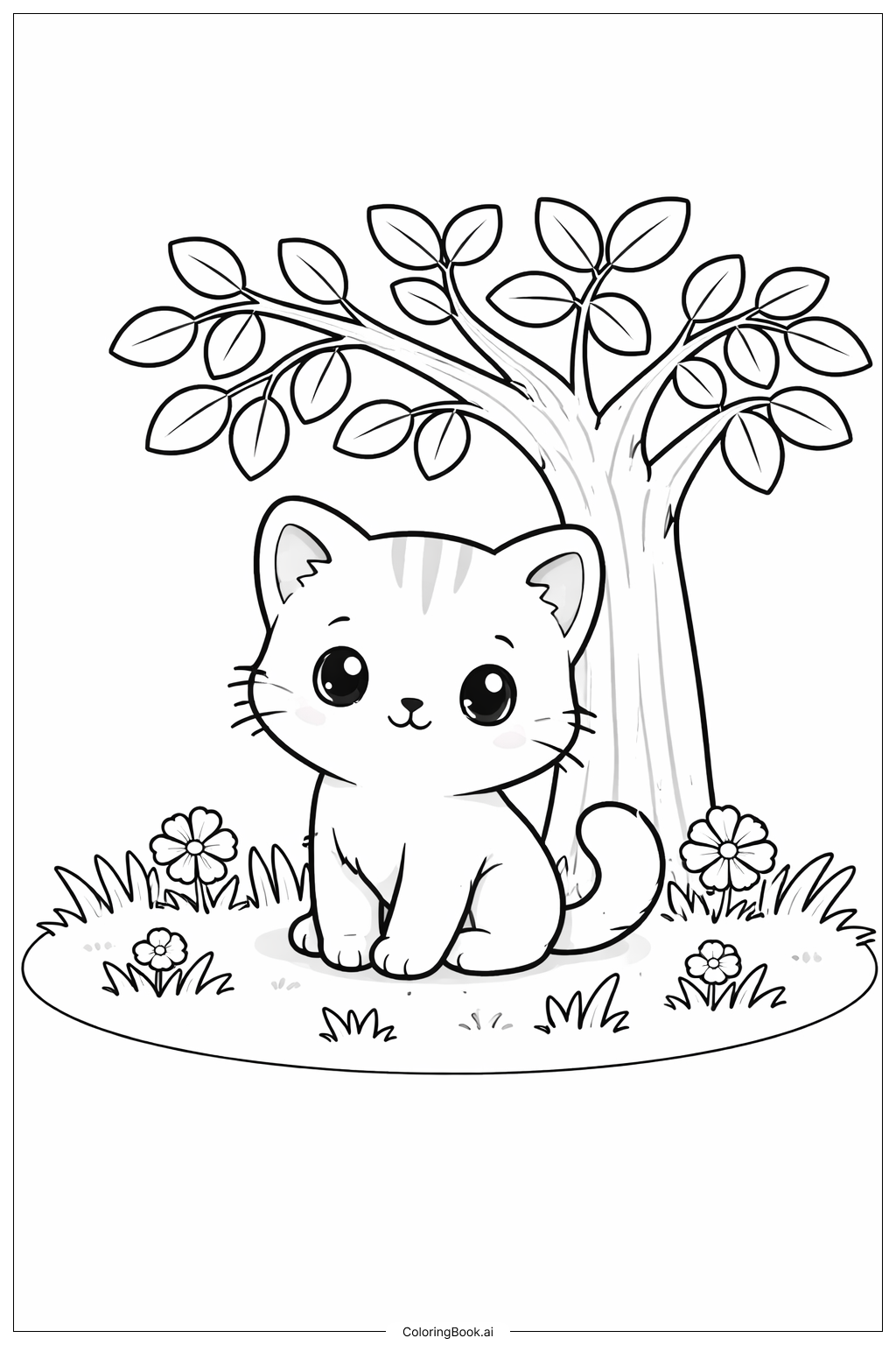  樹下小貓咪著色頁 