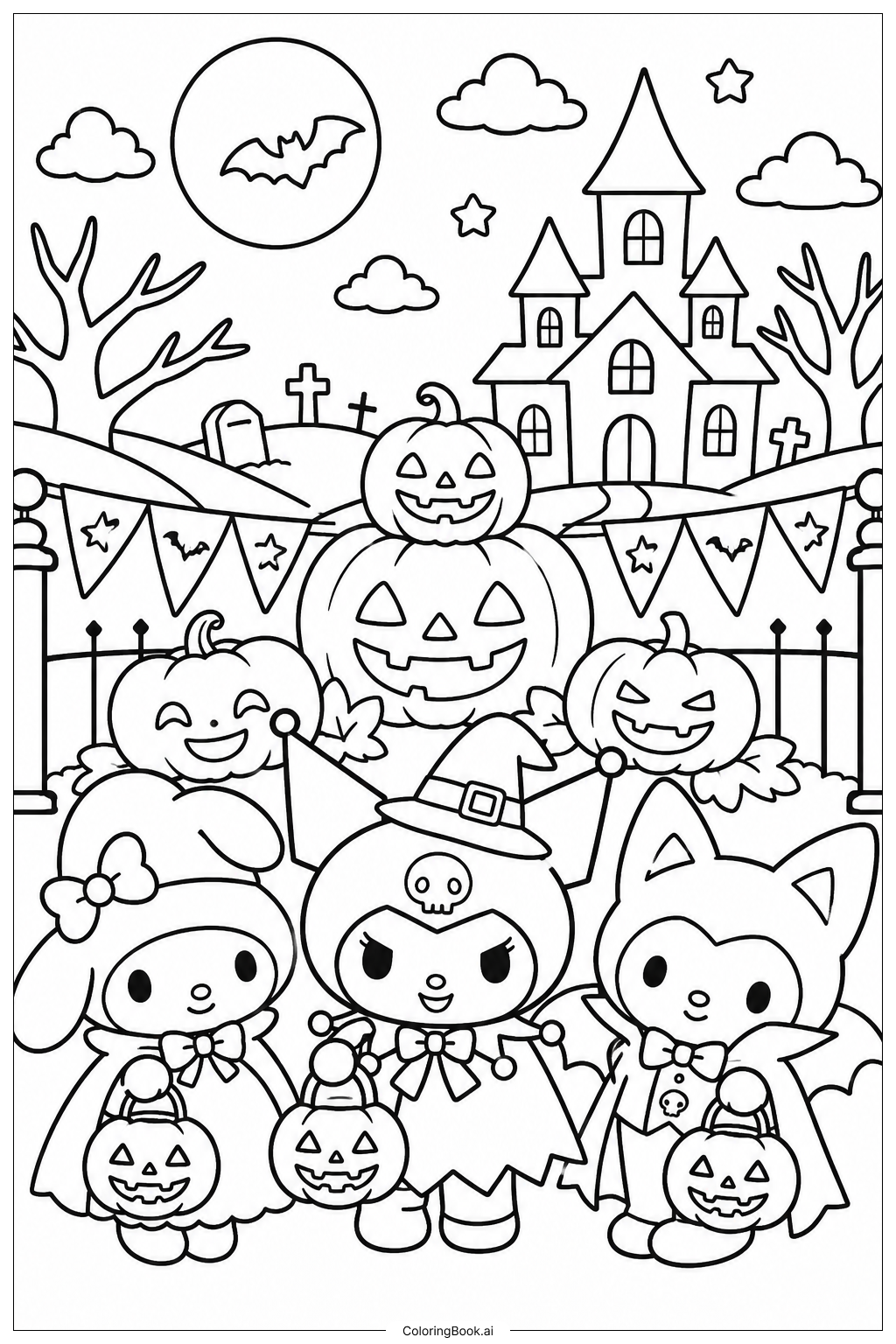 Página para colorir de Kuromi Noite de Halloween