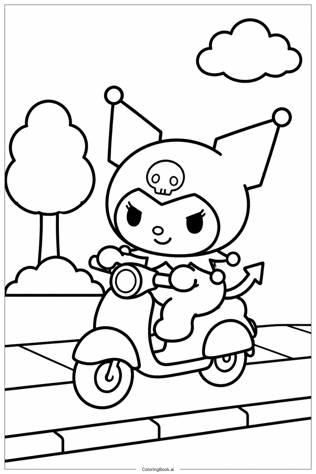 Página para colorir de Kuromi Andando de Scooter