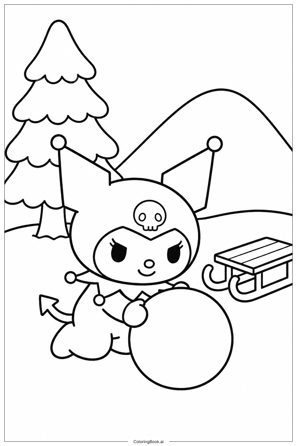 Página para colorir de Kuromi Brincando na Neve