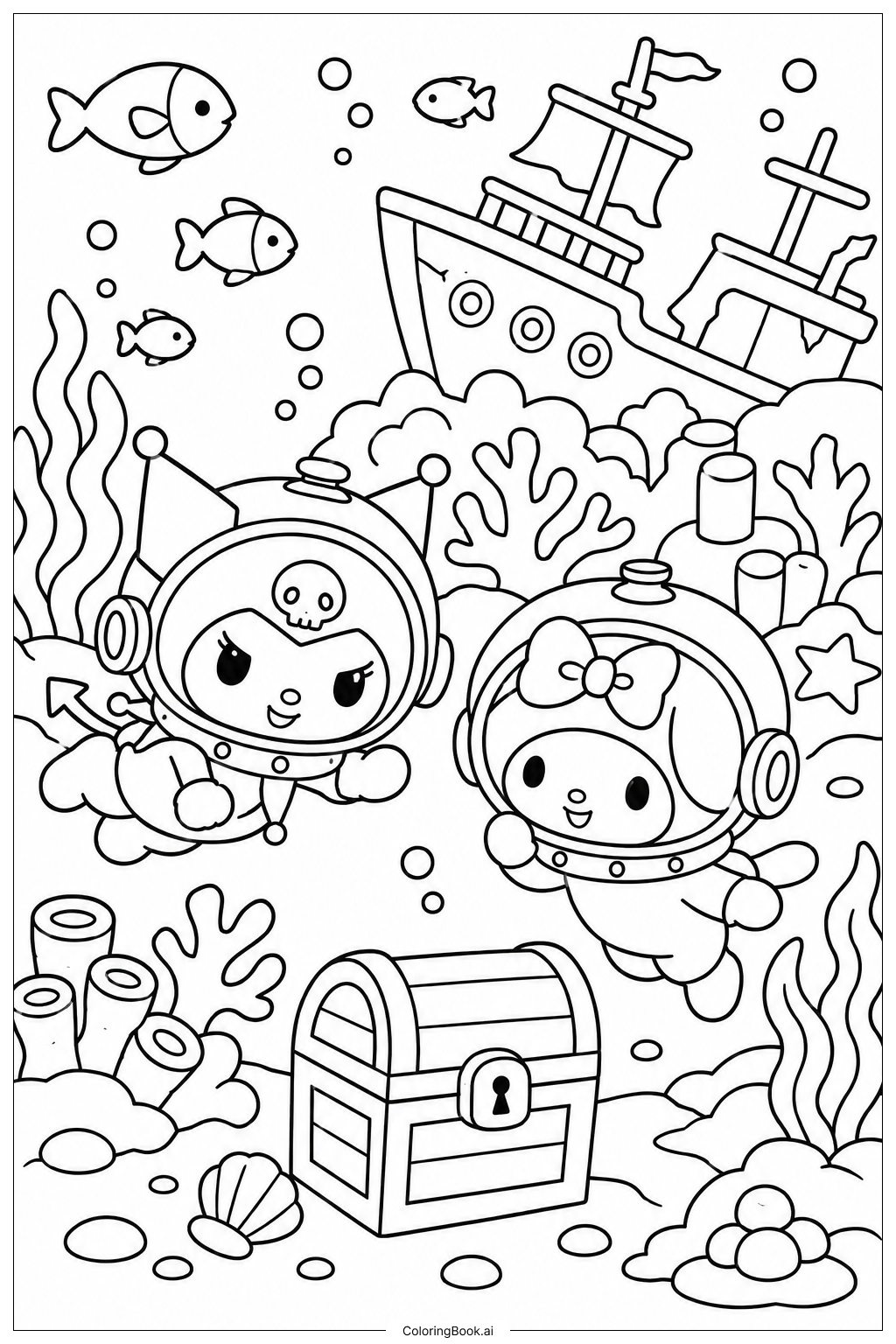 Página para colorir de Kuromi Exploração Submarina