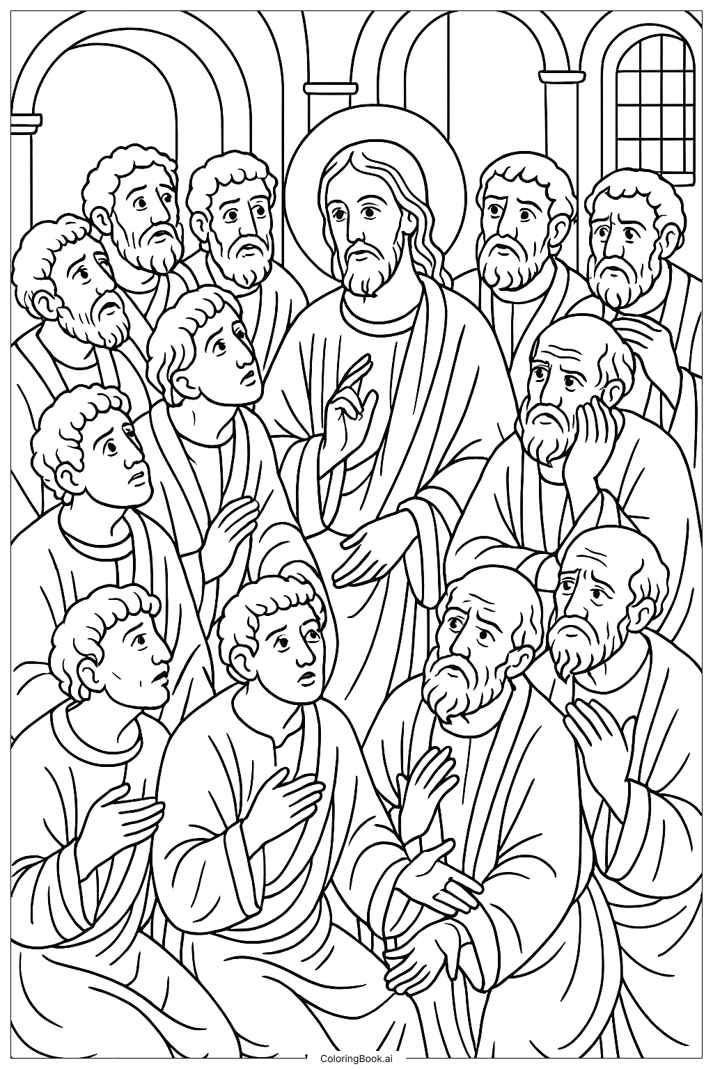  Página para colorir de Última Ceia Muitas Expressões 