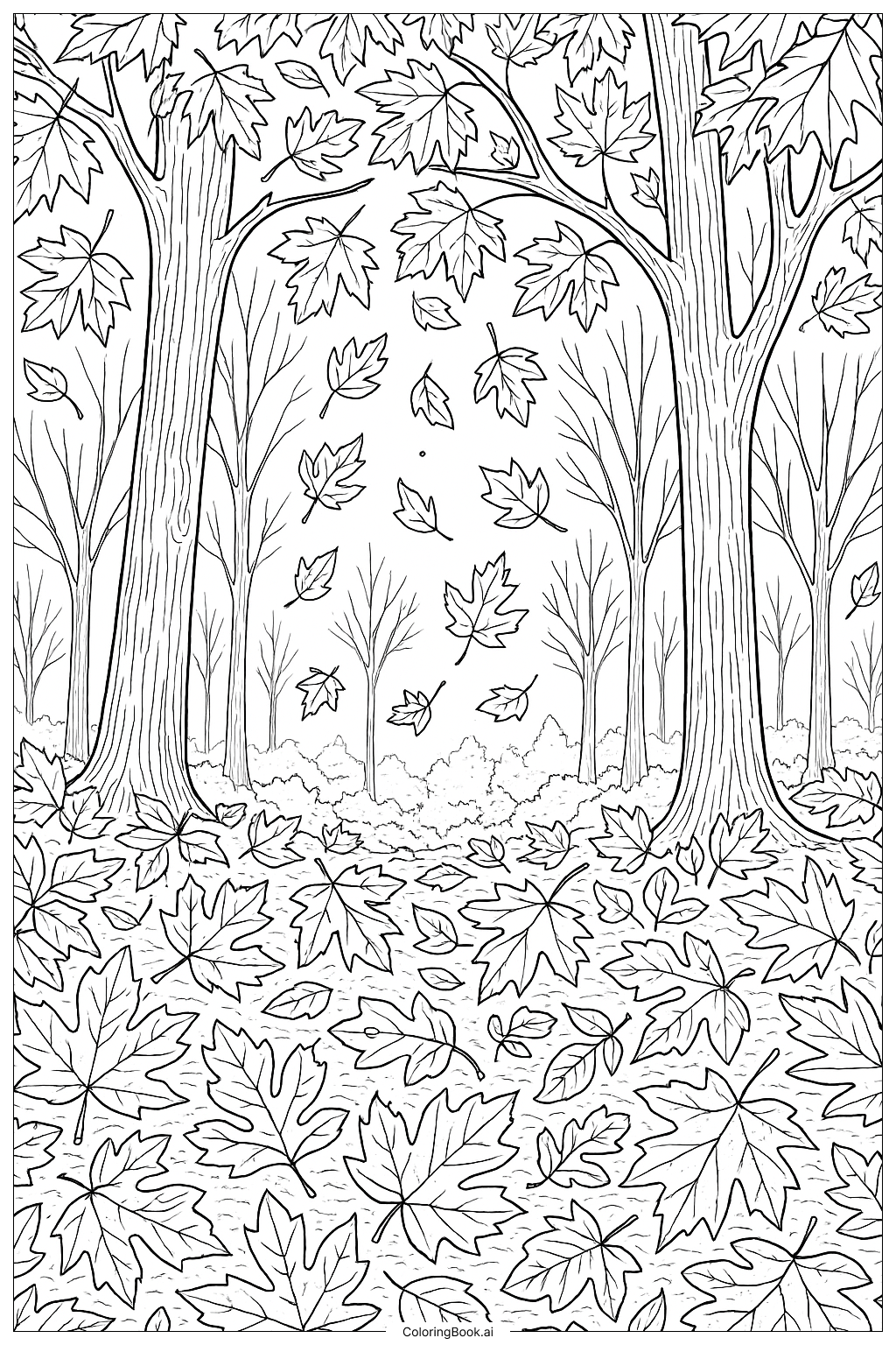 Página para colorir de Floresta em Camadas com Folhas de Outono