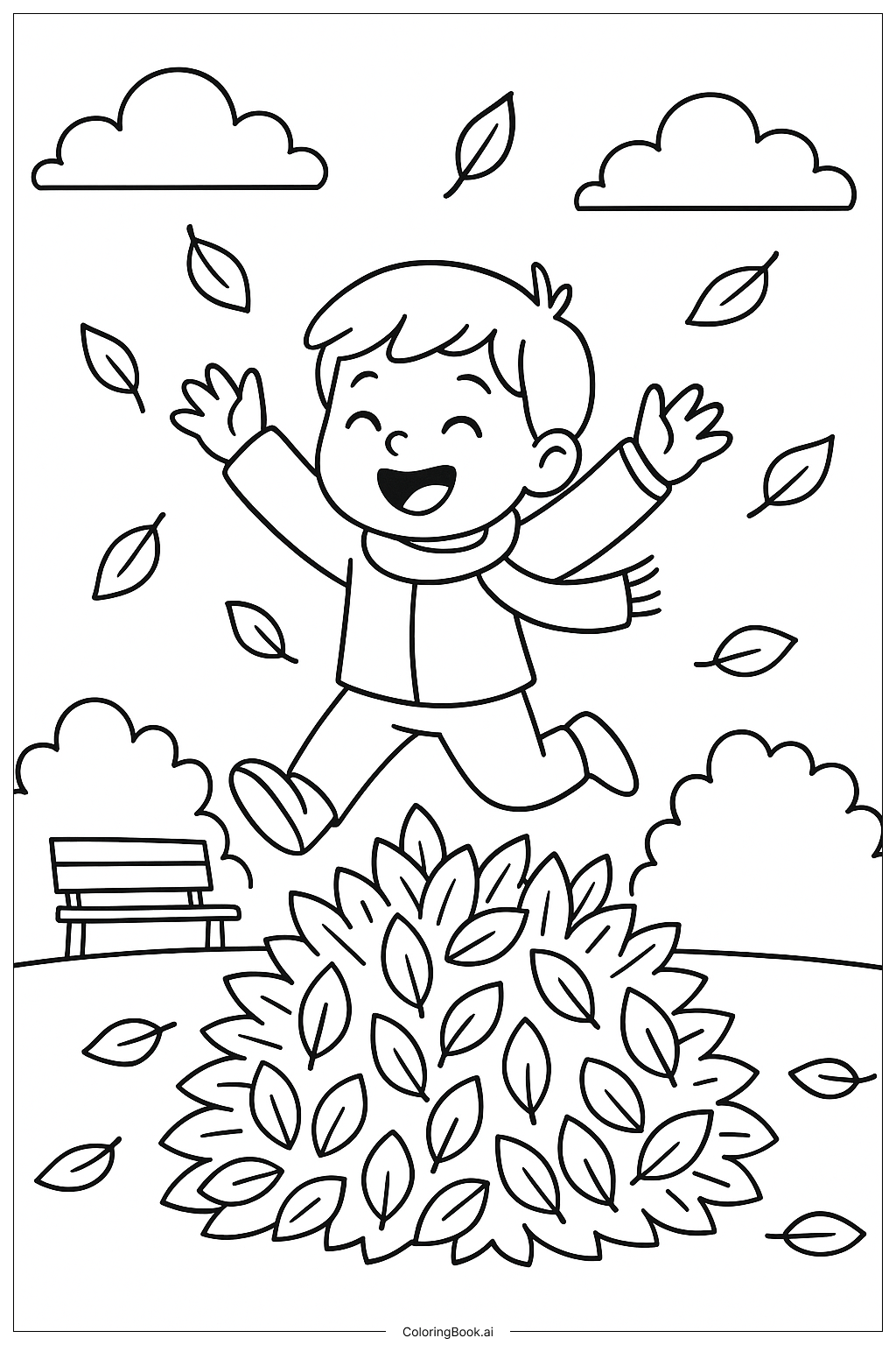 Página para colorir de Salto na Pilha de Folhas no Outono