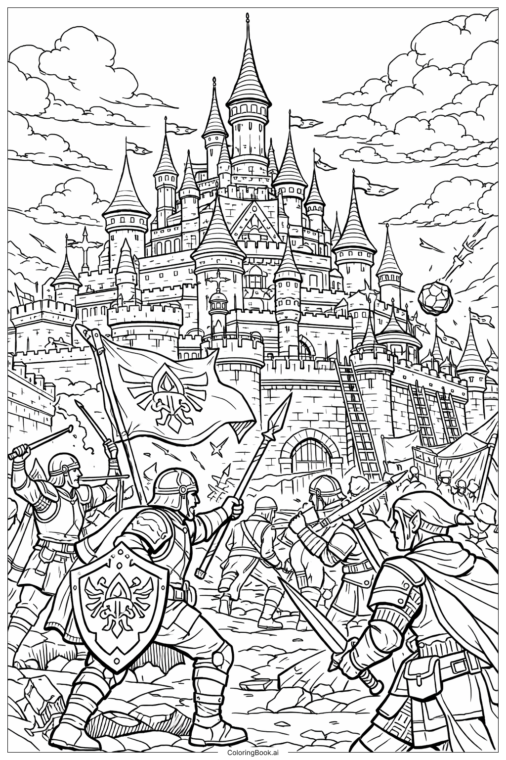 Page de coloriage La Légende de Zelda : Scène du siège du château d ...