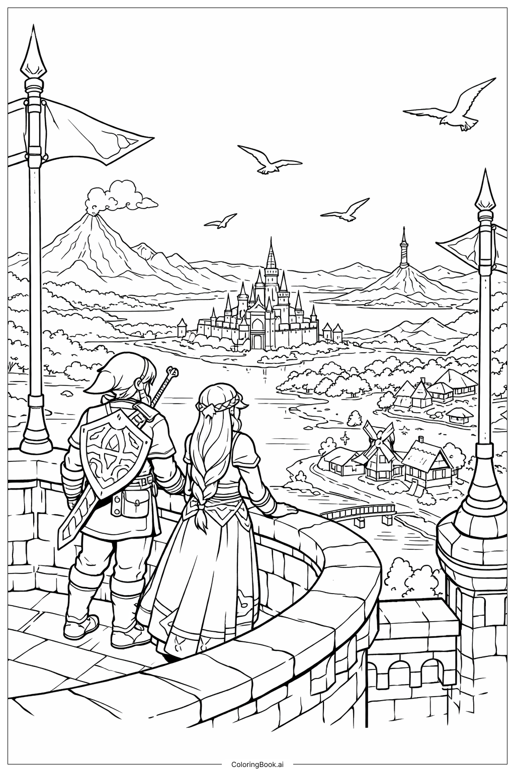  伝説のゼルダ リンクとゼルダがハイラルを見渡す塔の上にいるの塗り絵ページ 