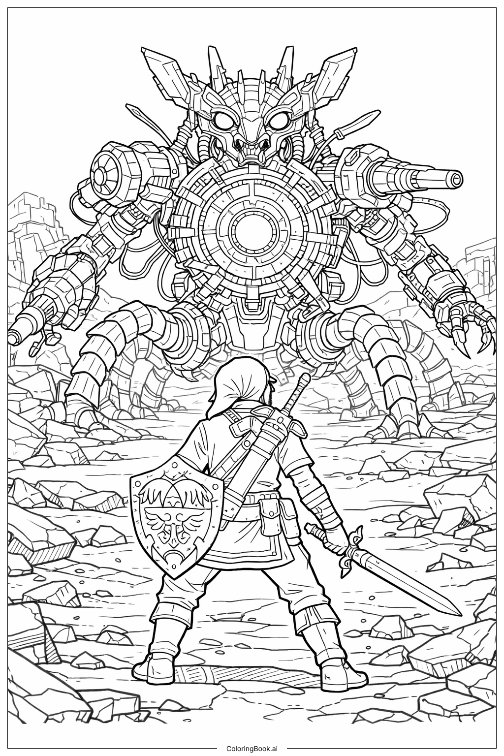  Legend Of Zelda Link Facing A Dark Guardian Coloring Page 