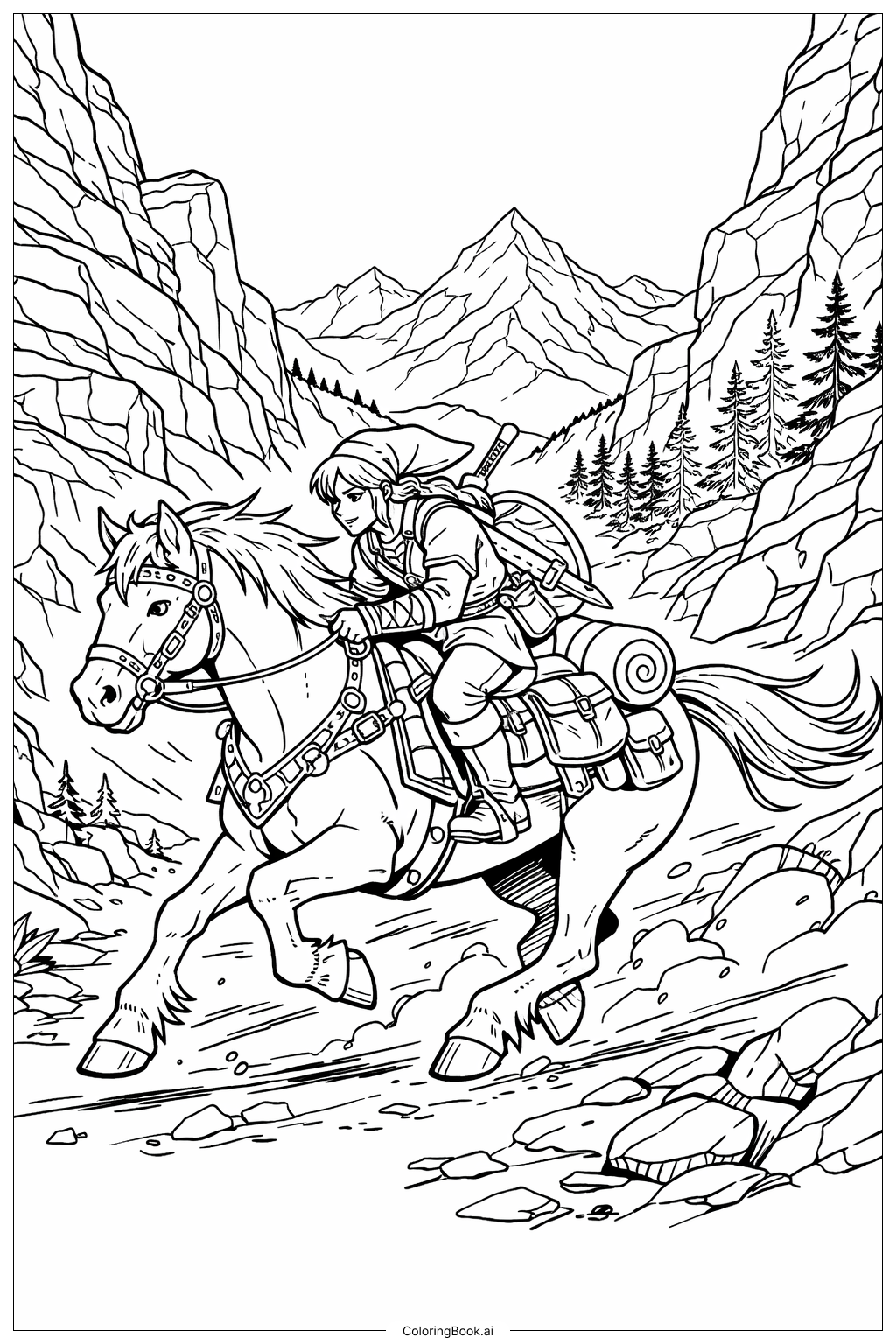  Legend Of Zelda Link Riding A Horse Through Mountain Pass Coloring Page 