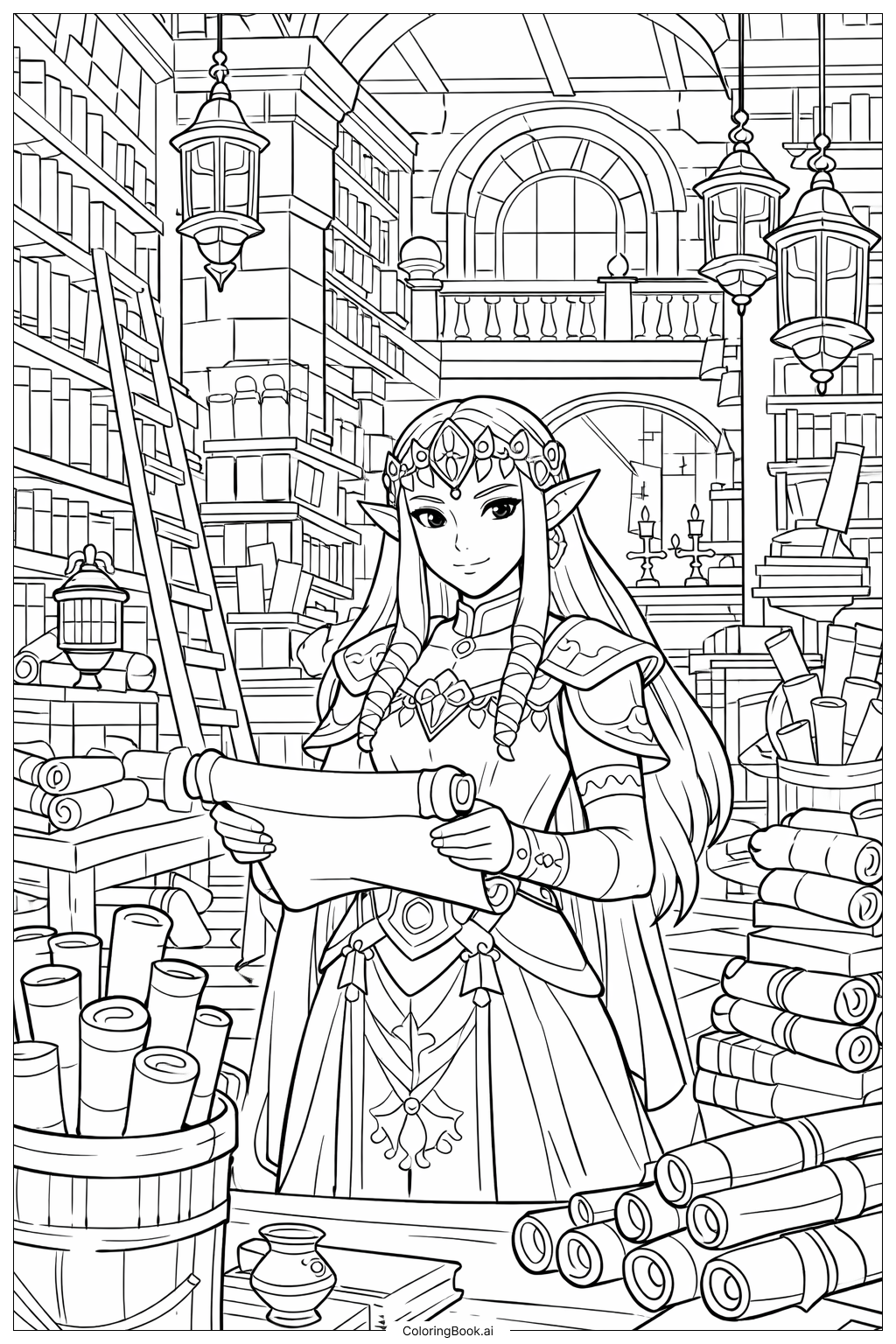  Legend Of Zelda Zelda In Royal Library With Scrolls Coloring Page 
