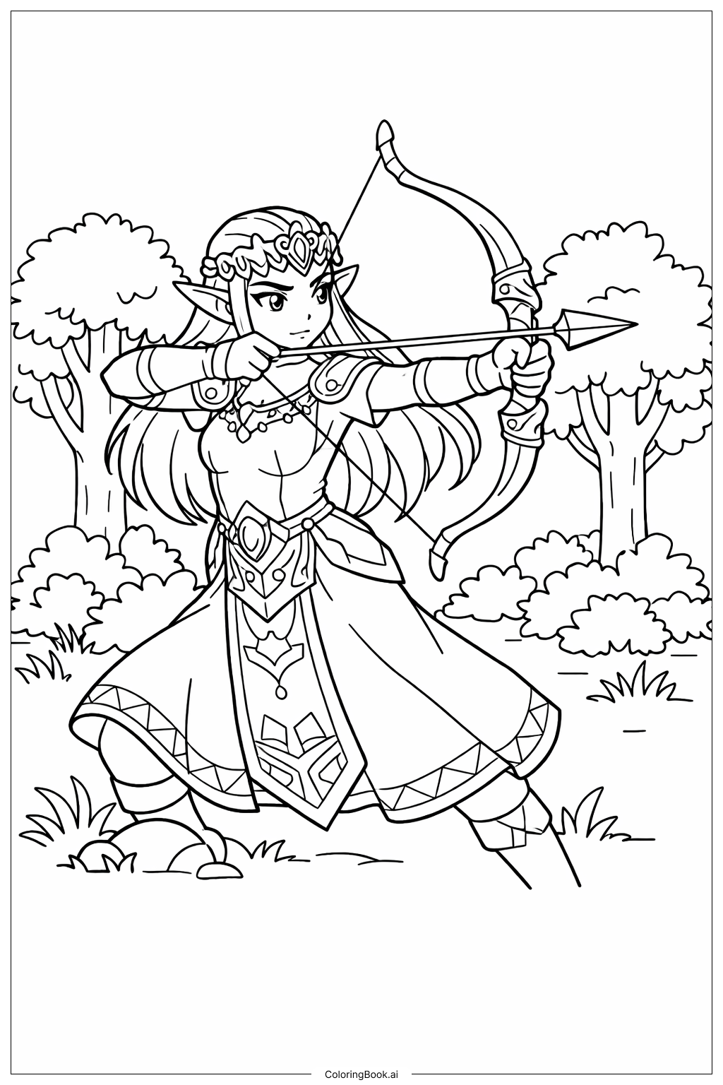 Page de coloriage Légende de Zelda Zelda avec Arc et Flèche (PDF & PNG ...