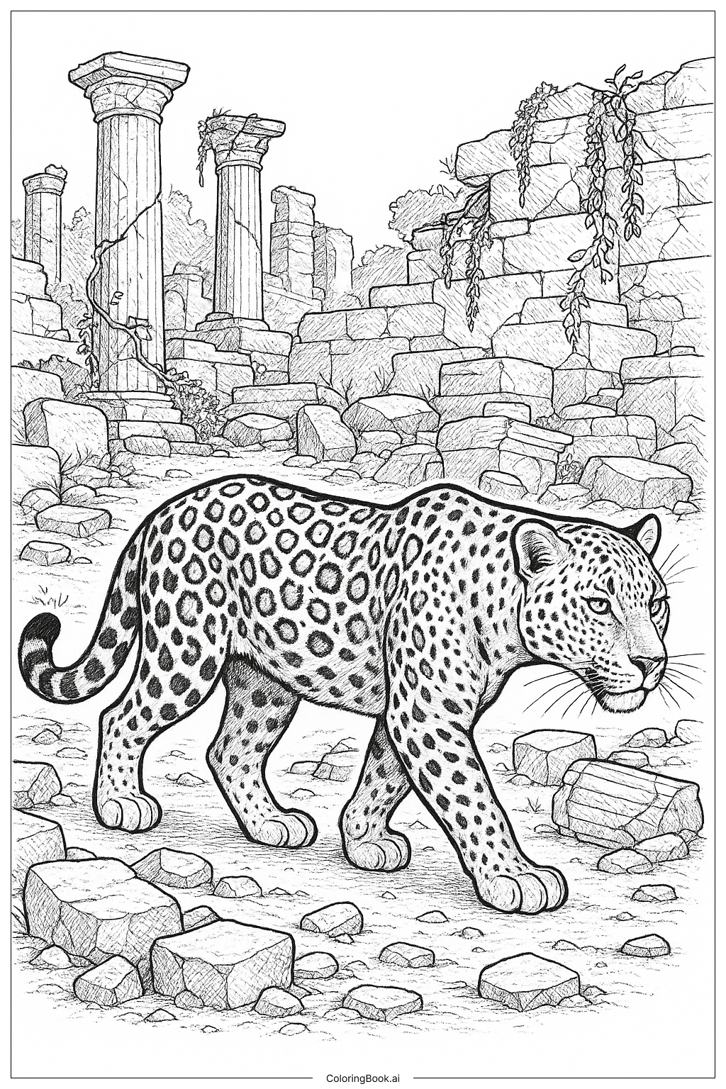  古代废墟中的豹填色页 