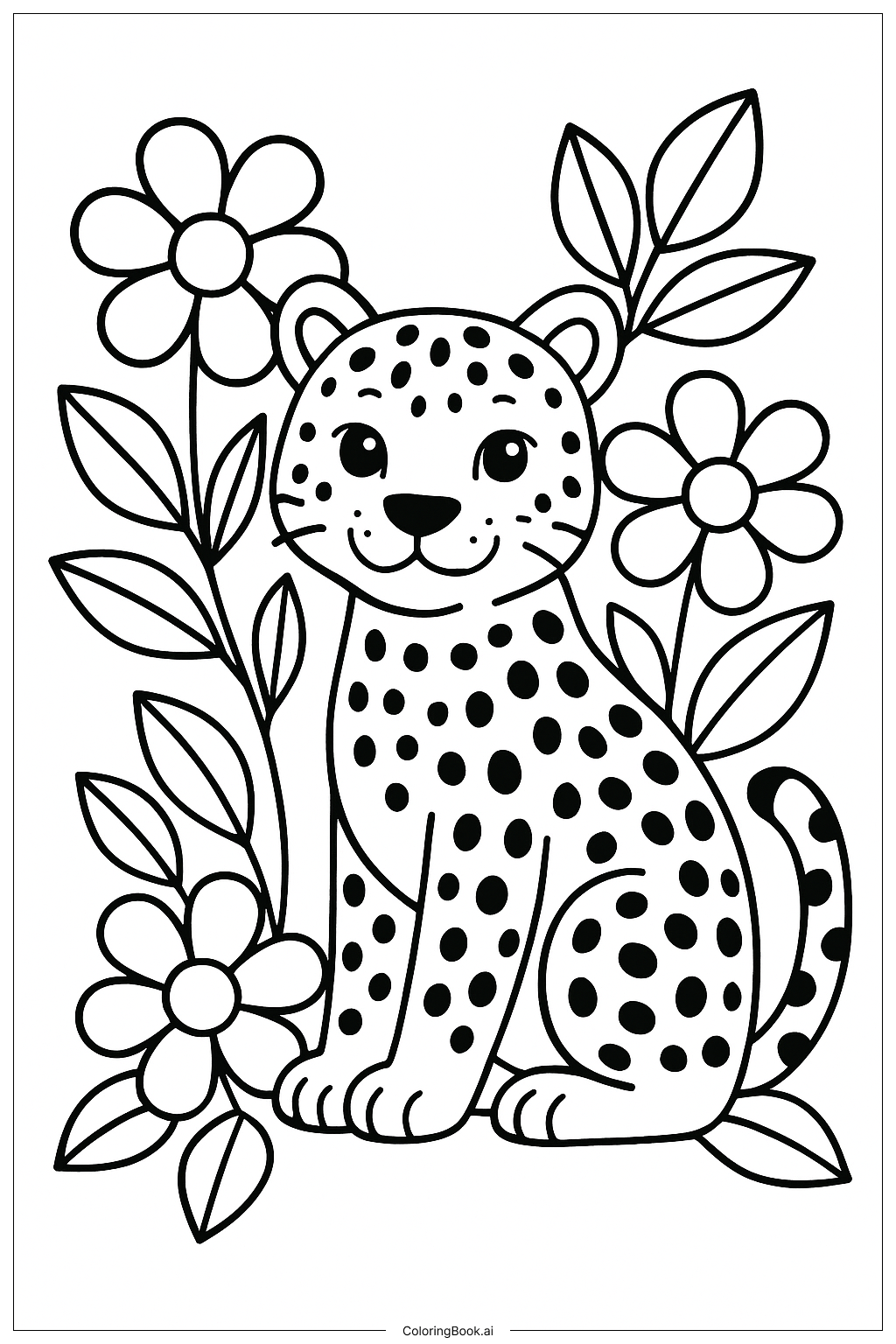  Página para colorir de Leopardo Entre Flores 