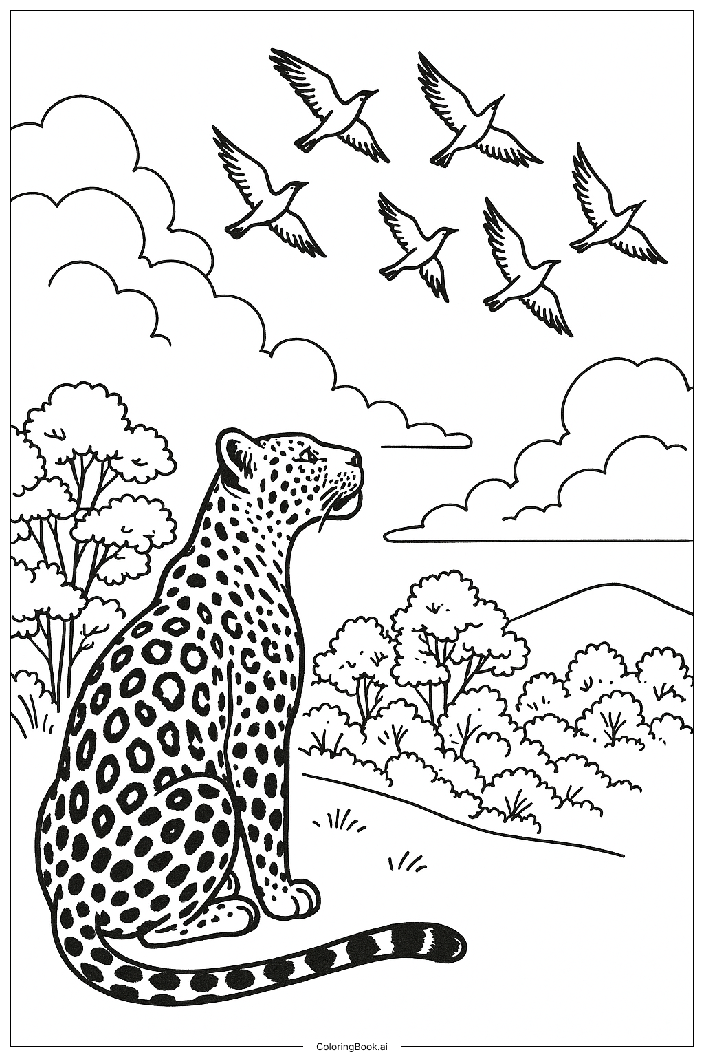  Página para colorir de Leopardo e Bando de Pássaros 