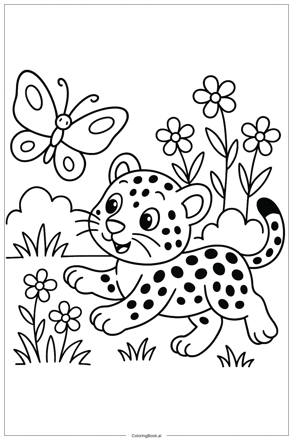  Página para colorir de Leopardo Caçando Borboleta 