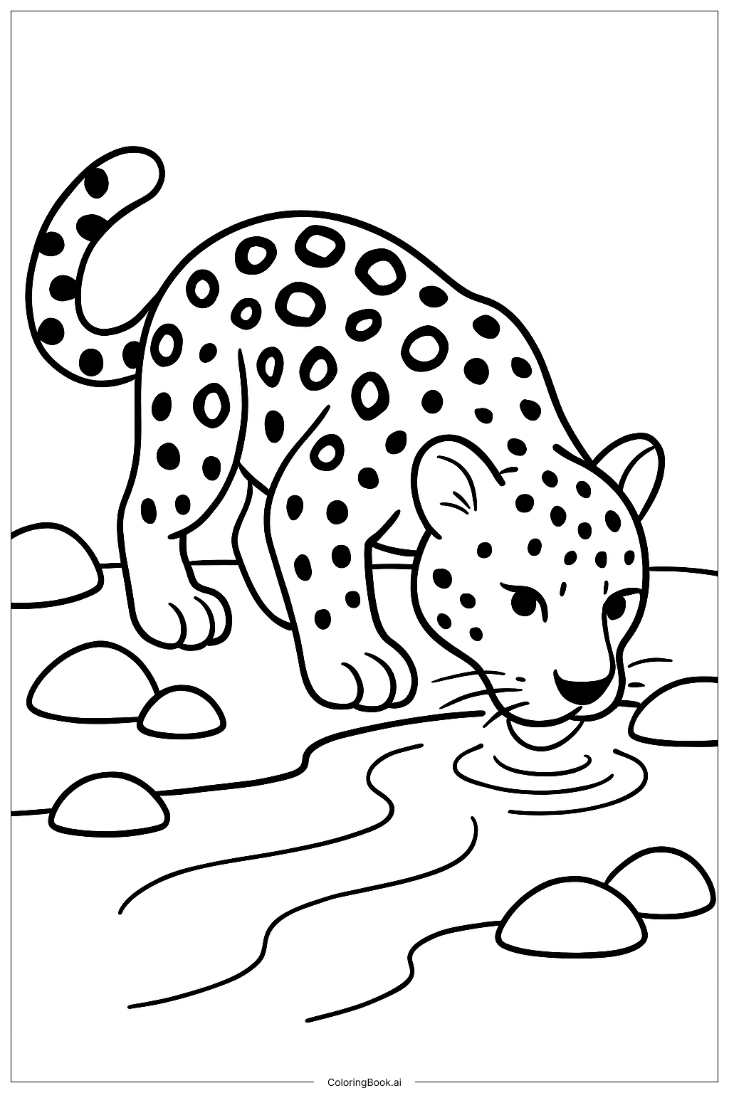  Página para colorir de Leopardo Bebendo de um Riacho 