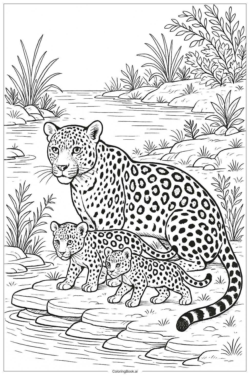  河岸边的豹子家庭填色页 