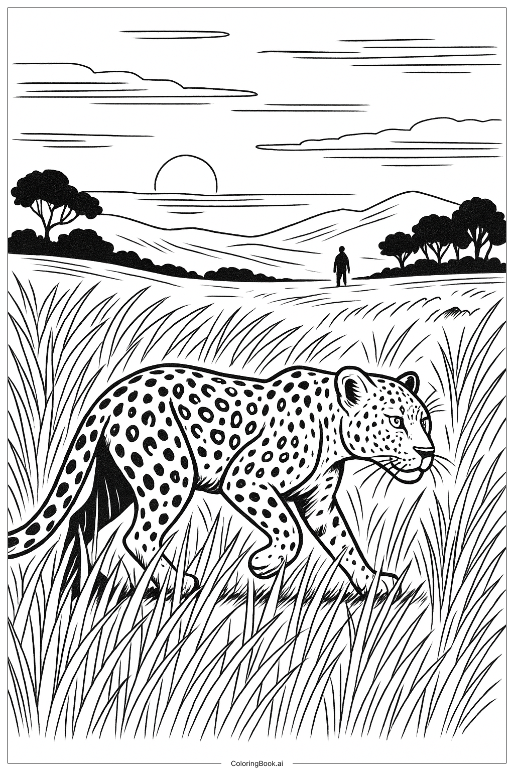  Página para colorir de Leopardo Caçando ao Anoitecer 