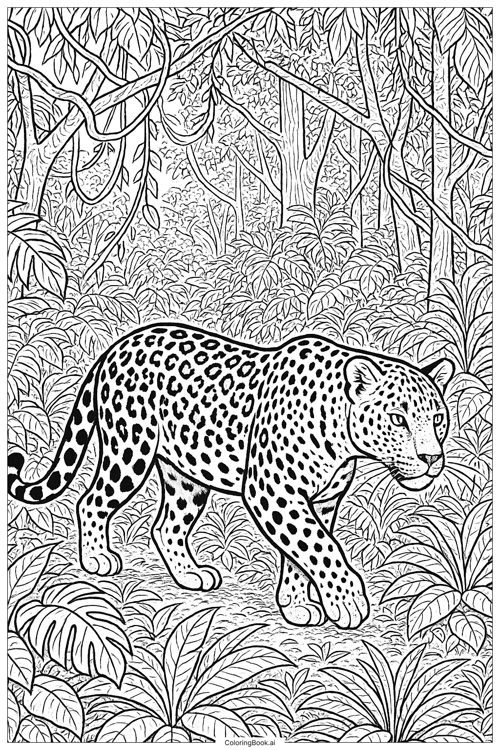  Página para colorir de Leopardo na Cena da Selva Densa 