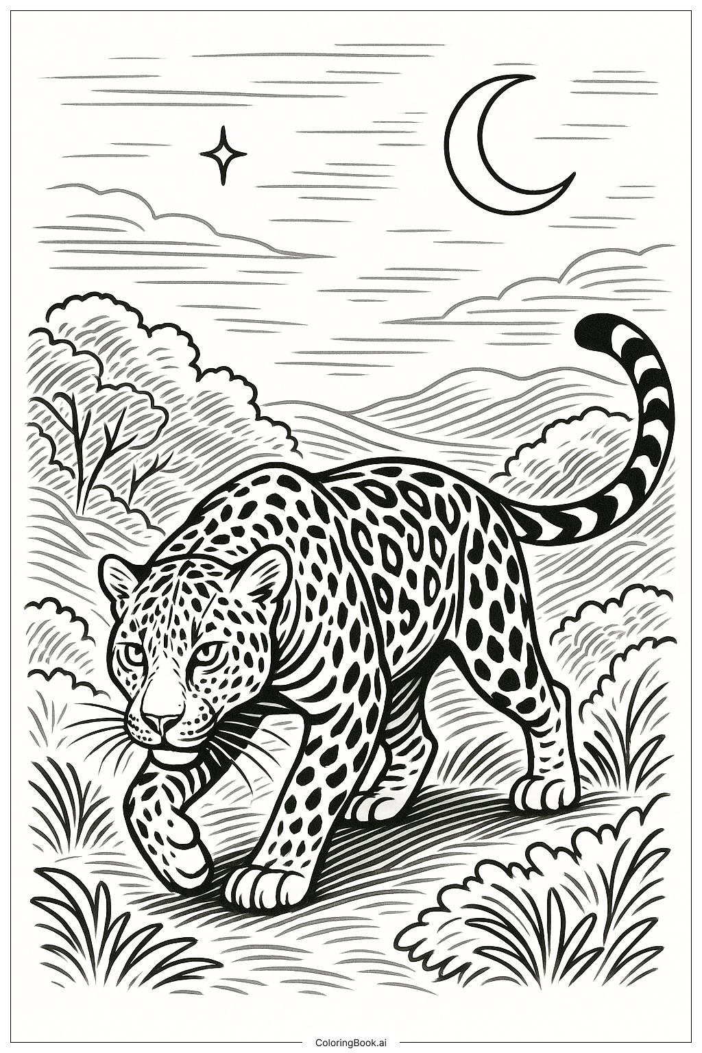  Página para colorir de Cena de Onça-pintada Caçando à Noite 