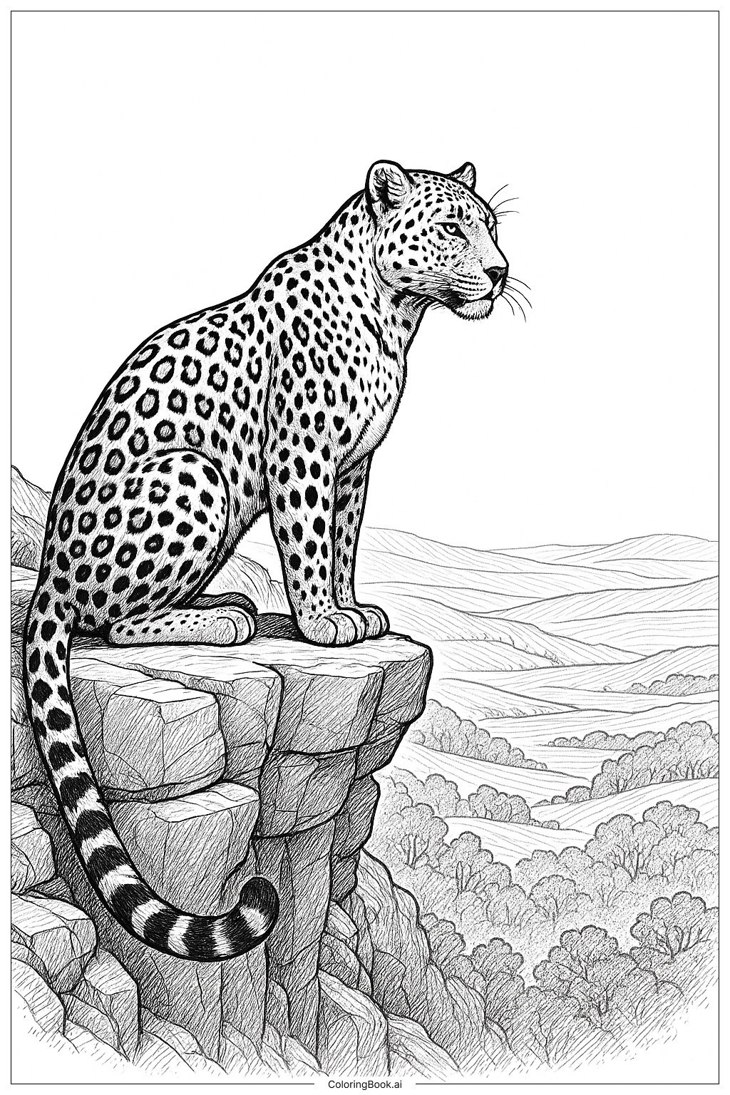  Página para colorir de Leopardo na Falésia Rochosa com Vista 