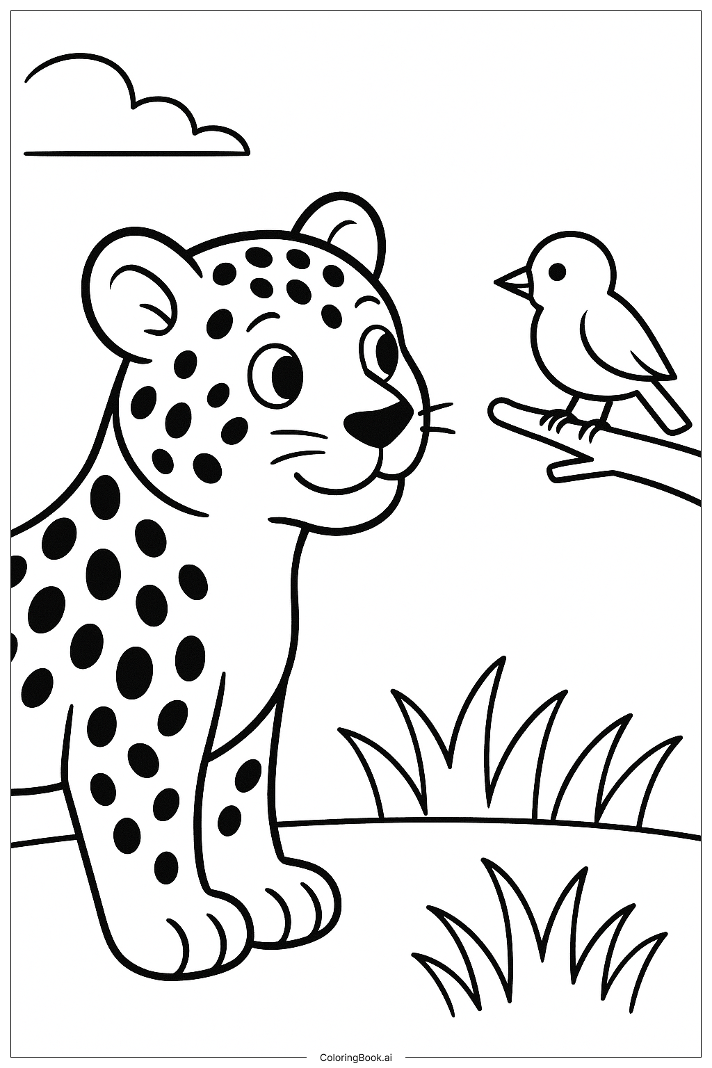  Página para colorir de Leopardo com Amigo Pássaro 