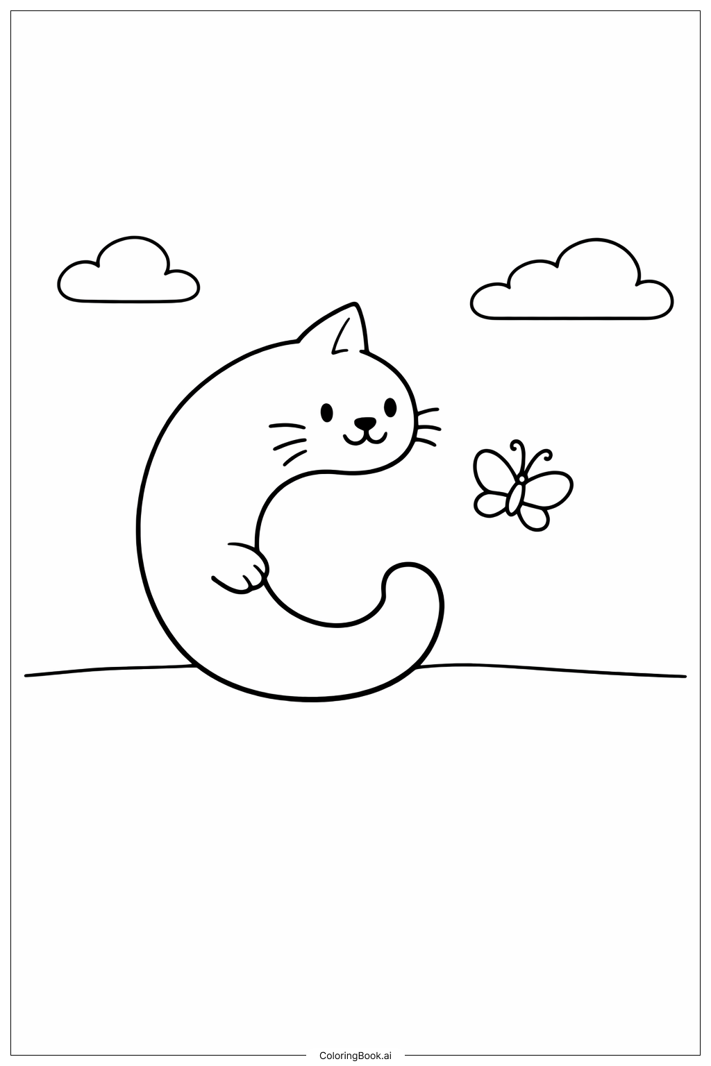 Letter C Cat and Butterfly Coloring Page 