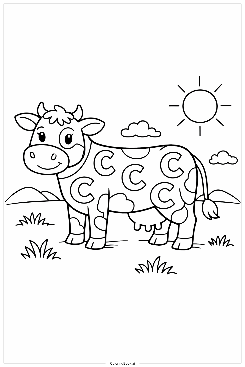  Letter C Cow in Field Coloring Page 