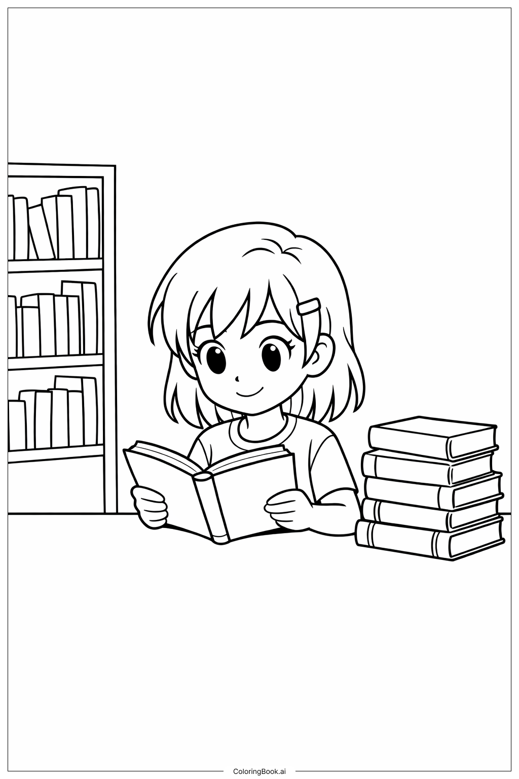 Página para colorir de Personagem de Leitura na Biblioteca 