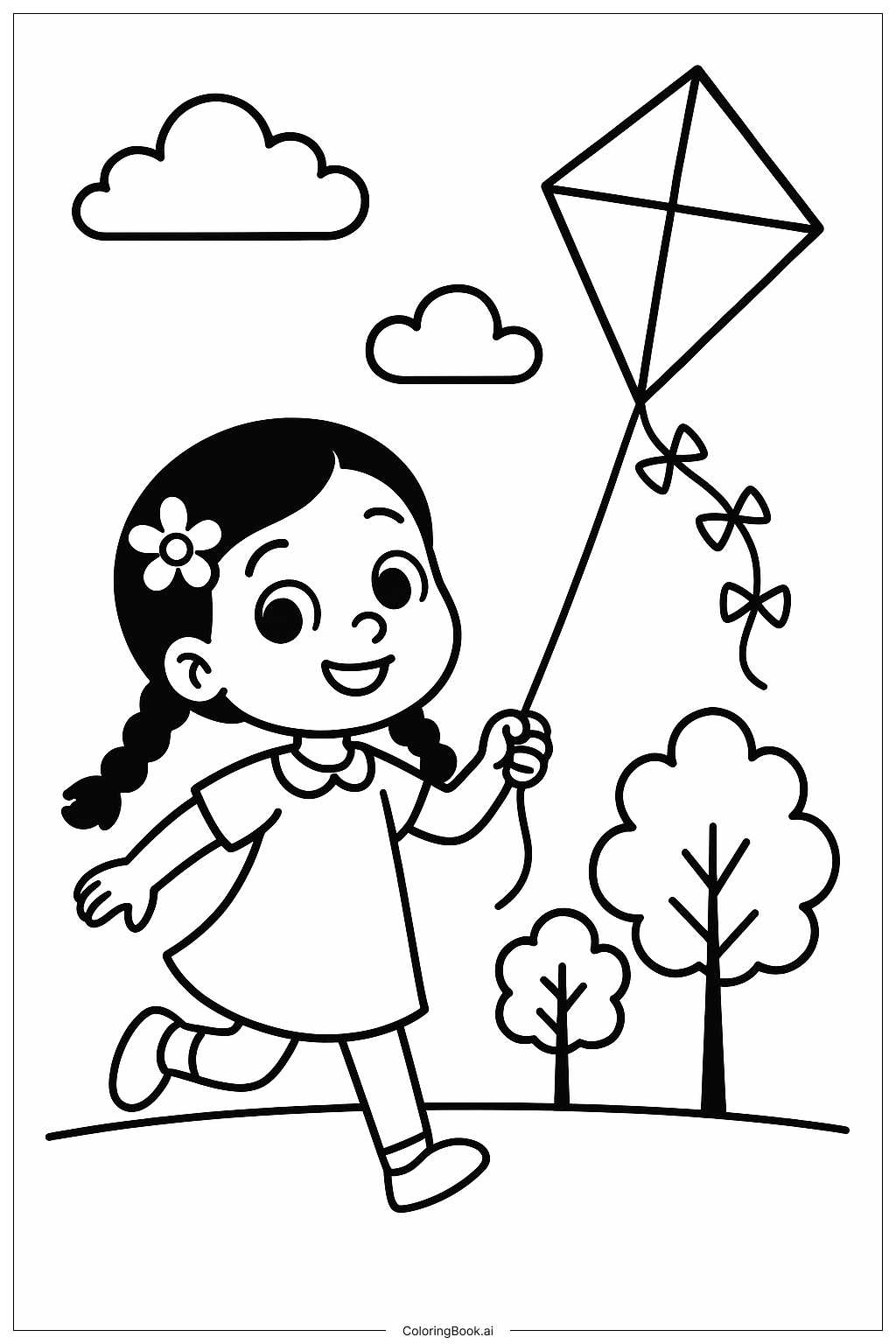  リリーラブの三つ編みと凧揚げの塗り絵ページ 