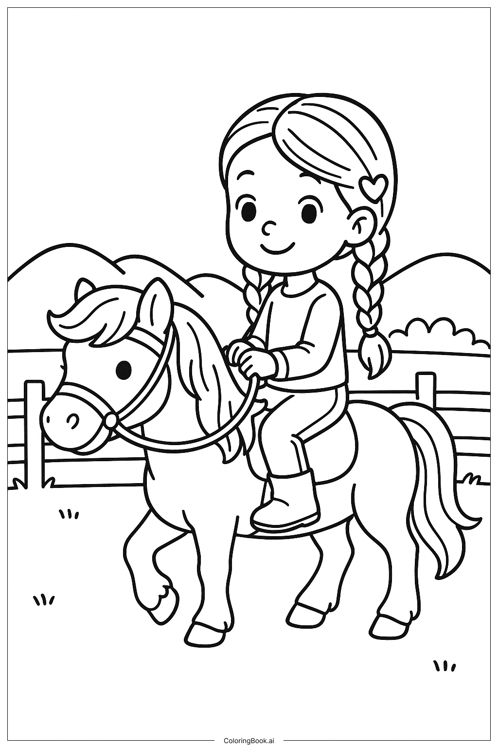  Página para colorir de Lily Amor Tranças Cavalgando Pônei 