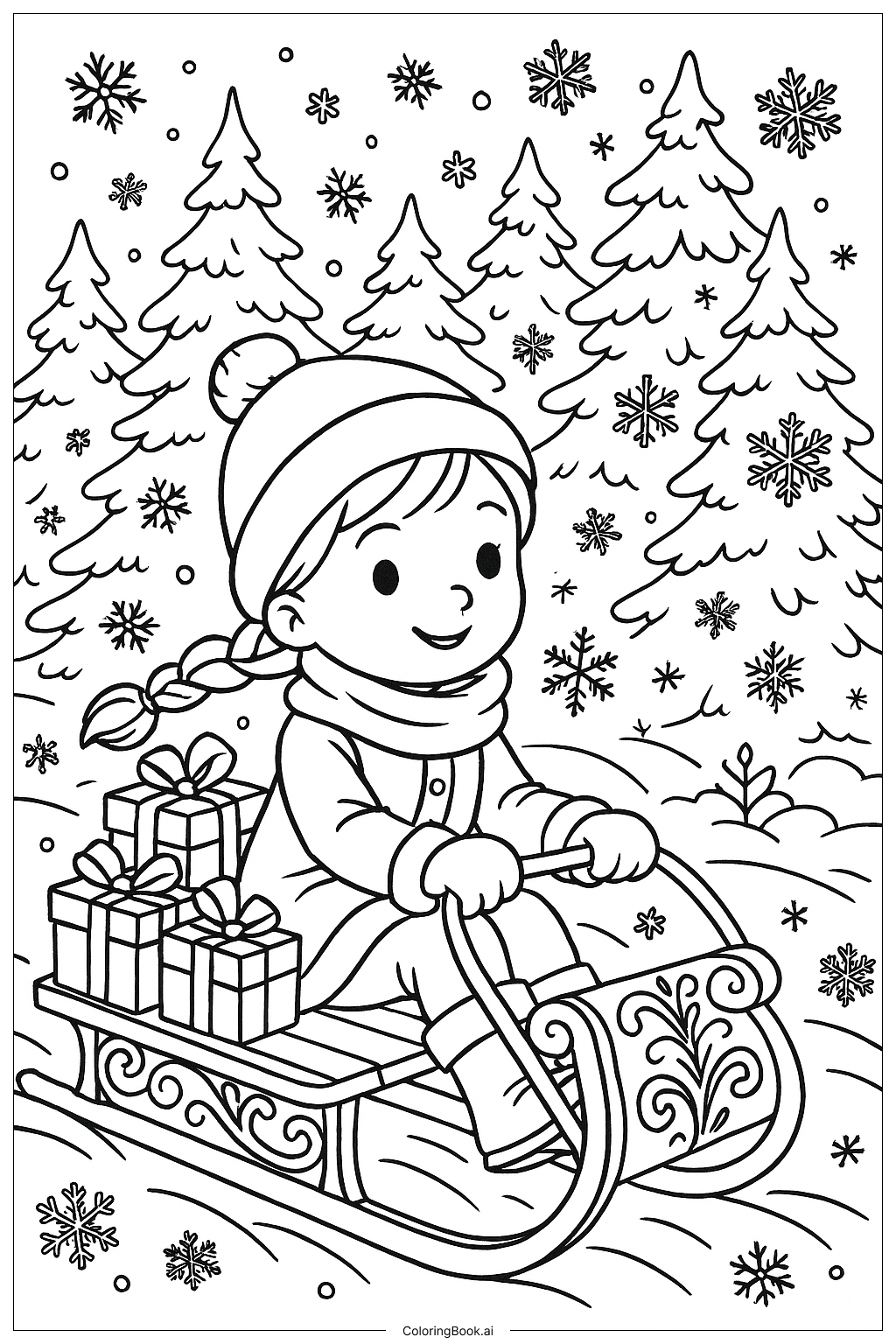  莉莉愛編辮子冬季雪橇著色頁 