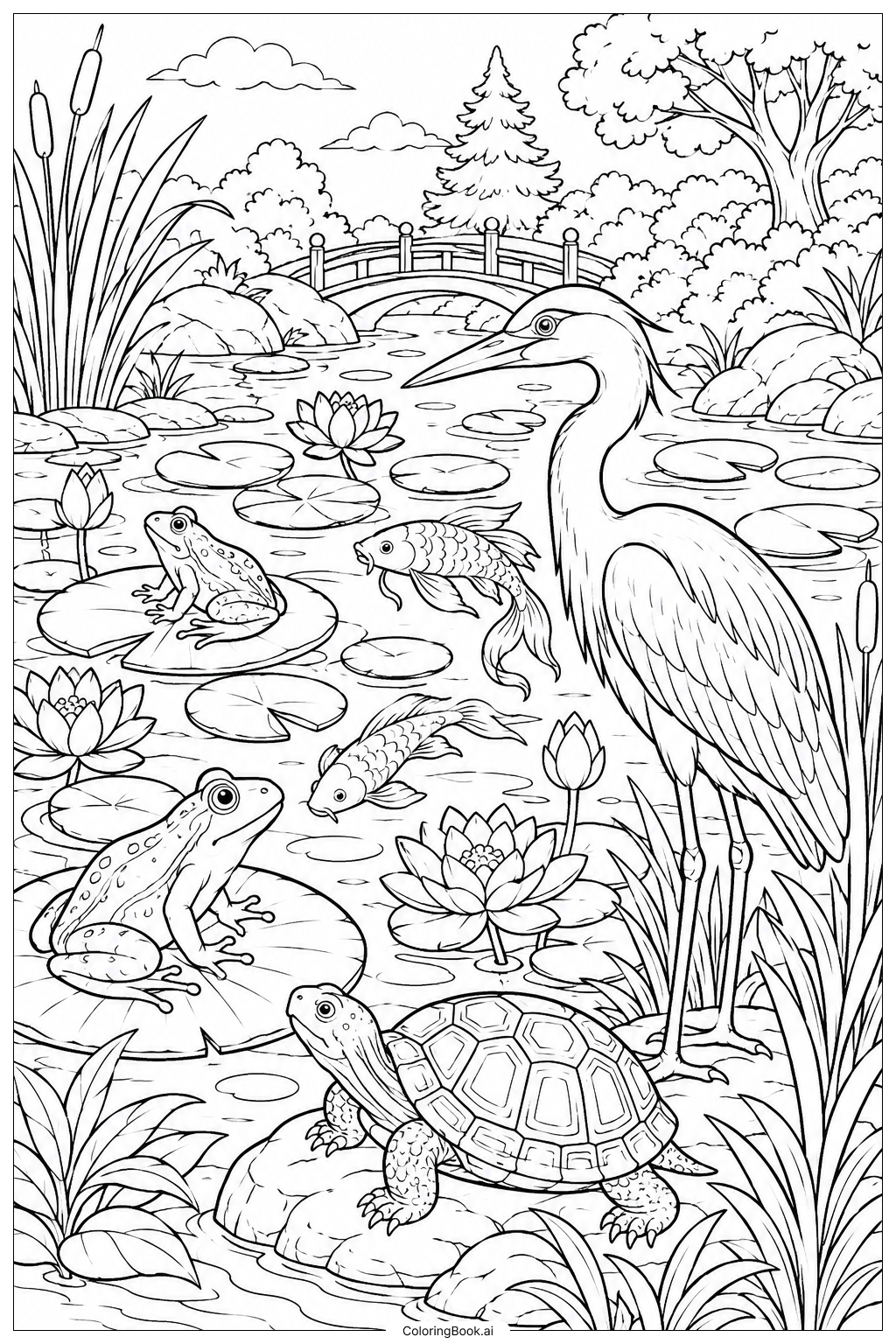  にぎやかなスイレンの池と野生動物の塗り絵ページ 