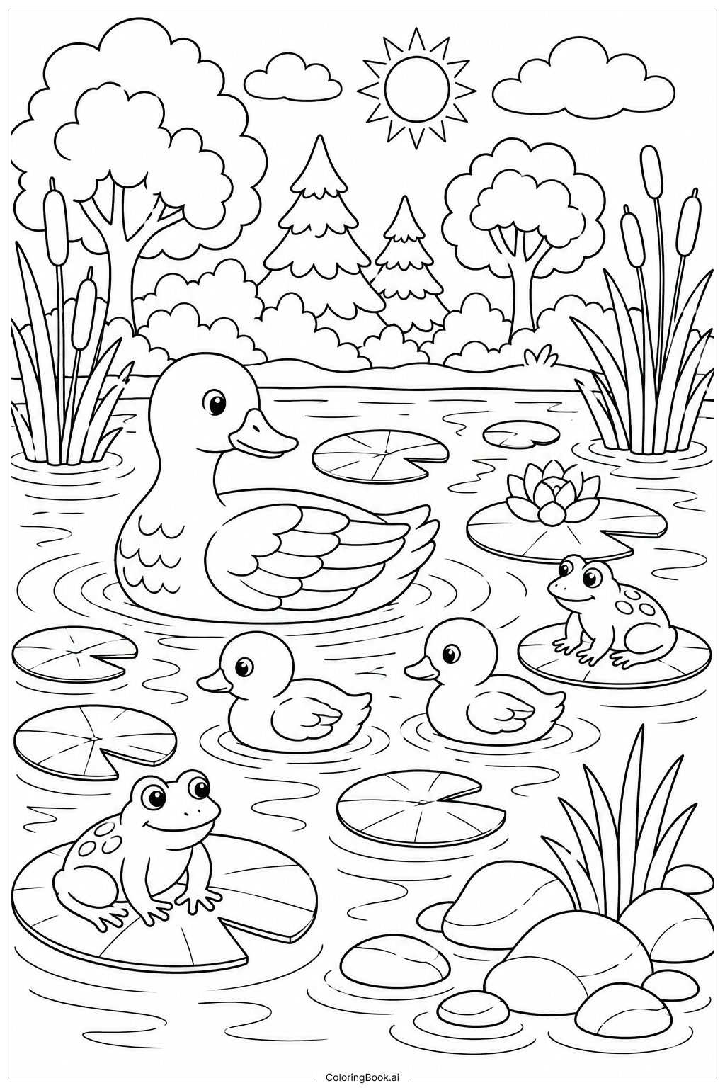  Página para colorear de Escena de familia de patitos en el nenúfar 
