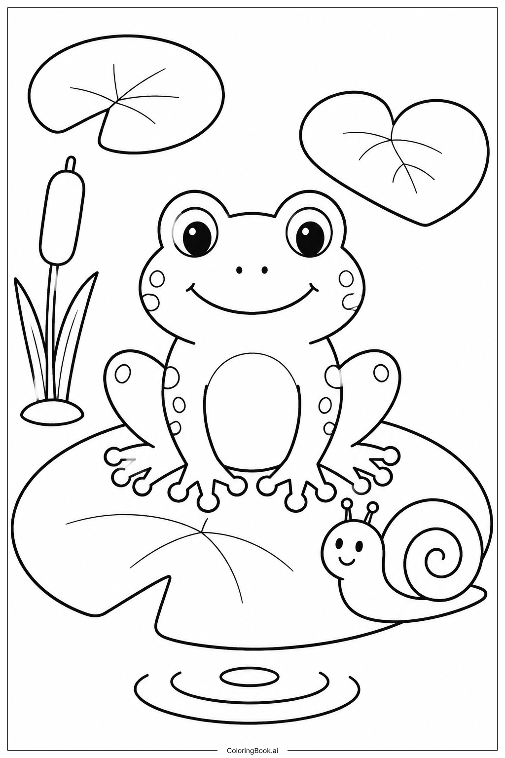  Página para colorear de Rana sobre nenúfar con caracol 
