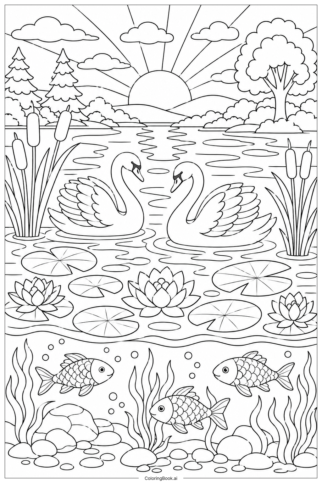  Página para colorear de Reflejo del atardecer en el nenúfar 