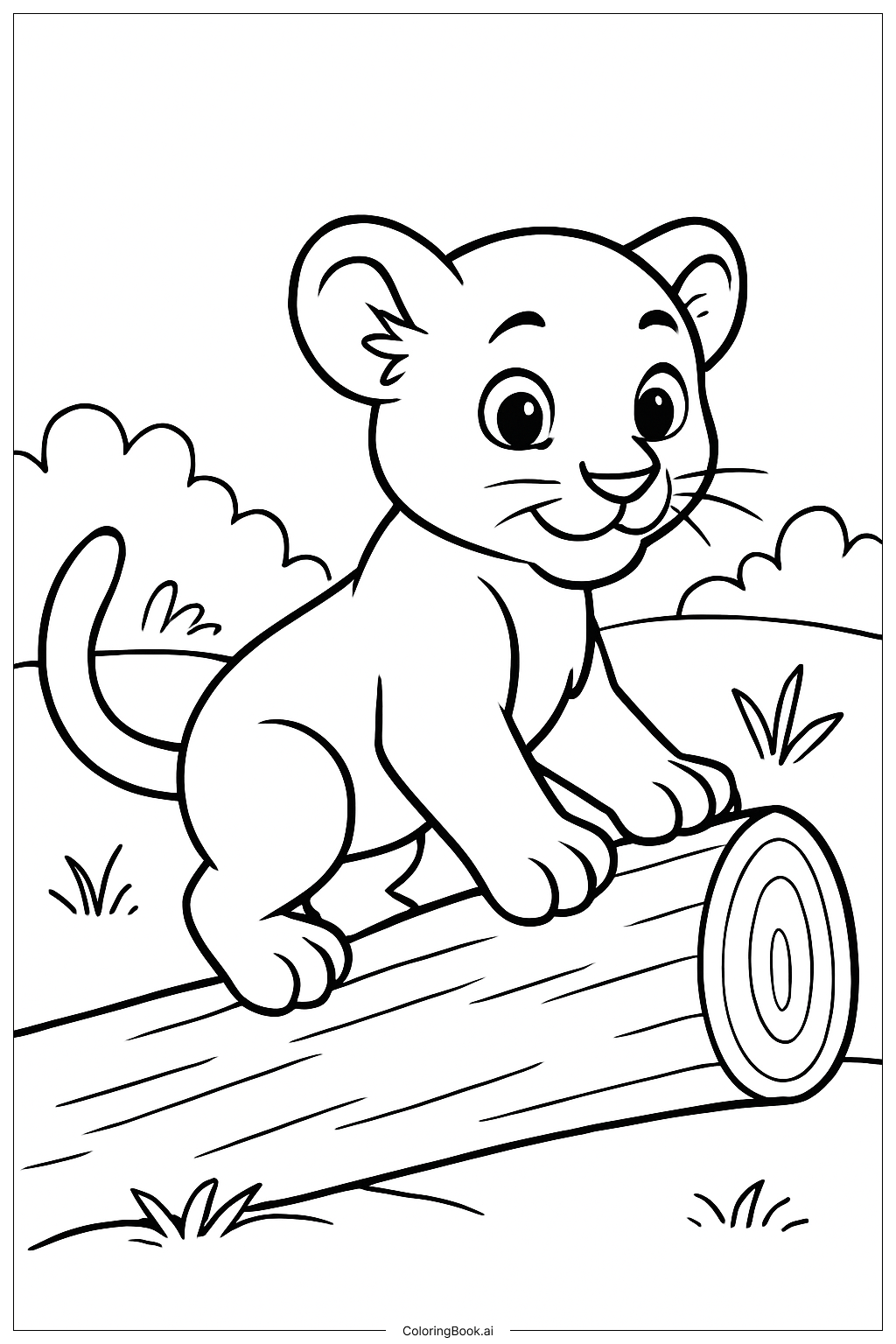  Lion Cub Climbing Log Coloring Page 