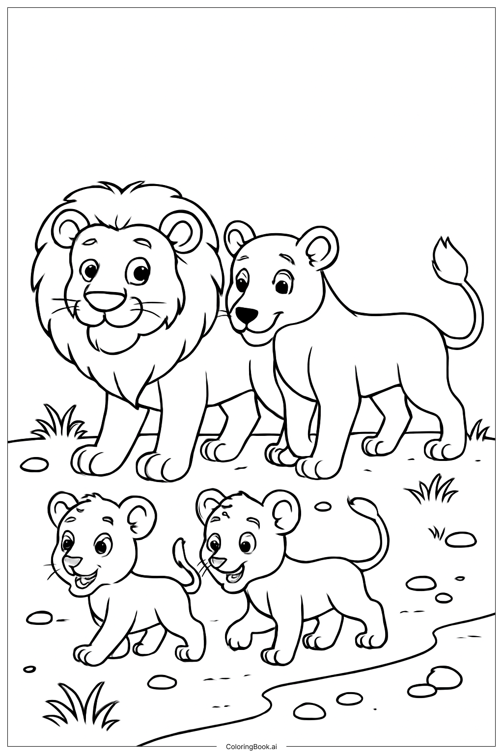  Lion Family Walk Coloring Page 