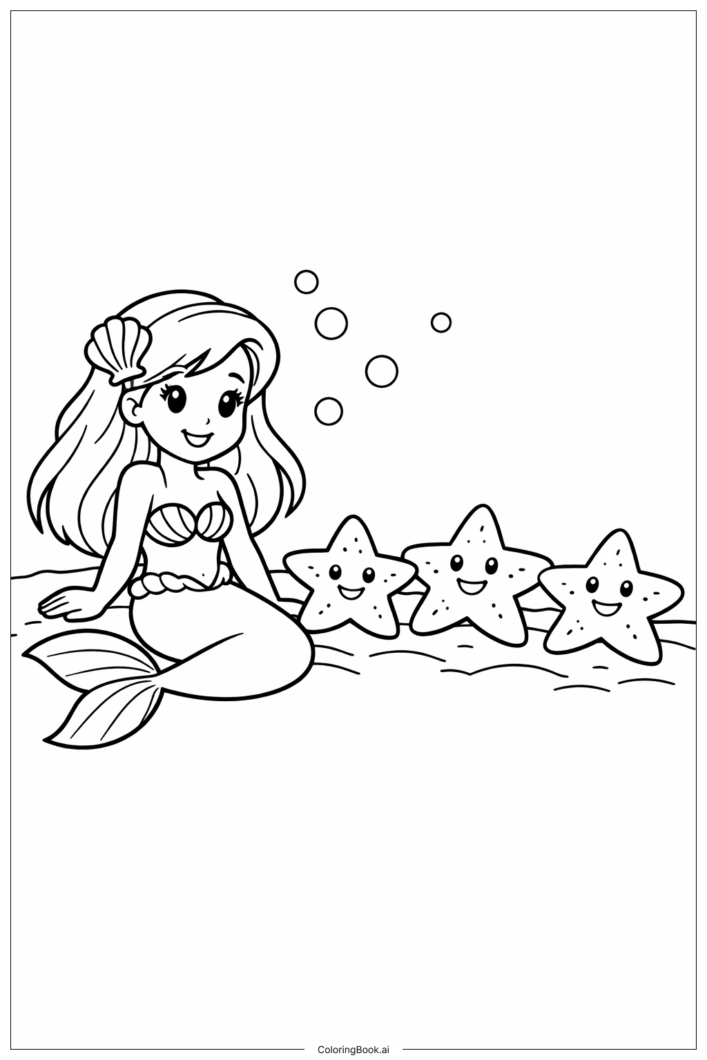  Página para colorear de La Sirenita y la Familia de Estrellas de Mar 