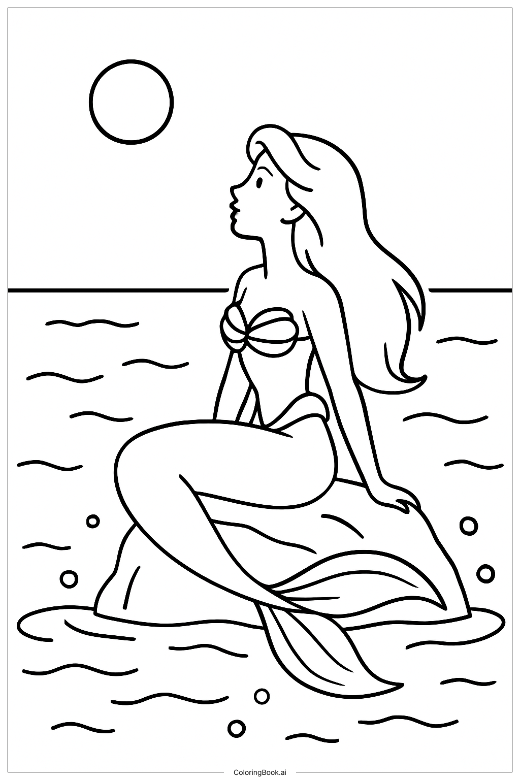  Página para colorear de La Sirenita en la Superficie Iluminada por la Luna 