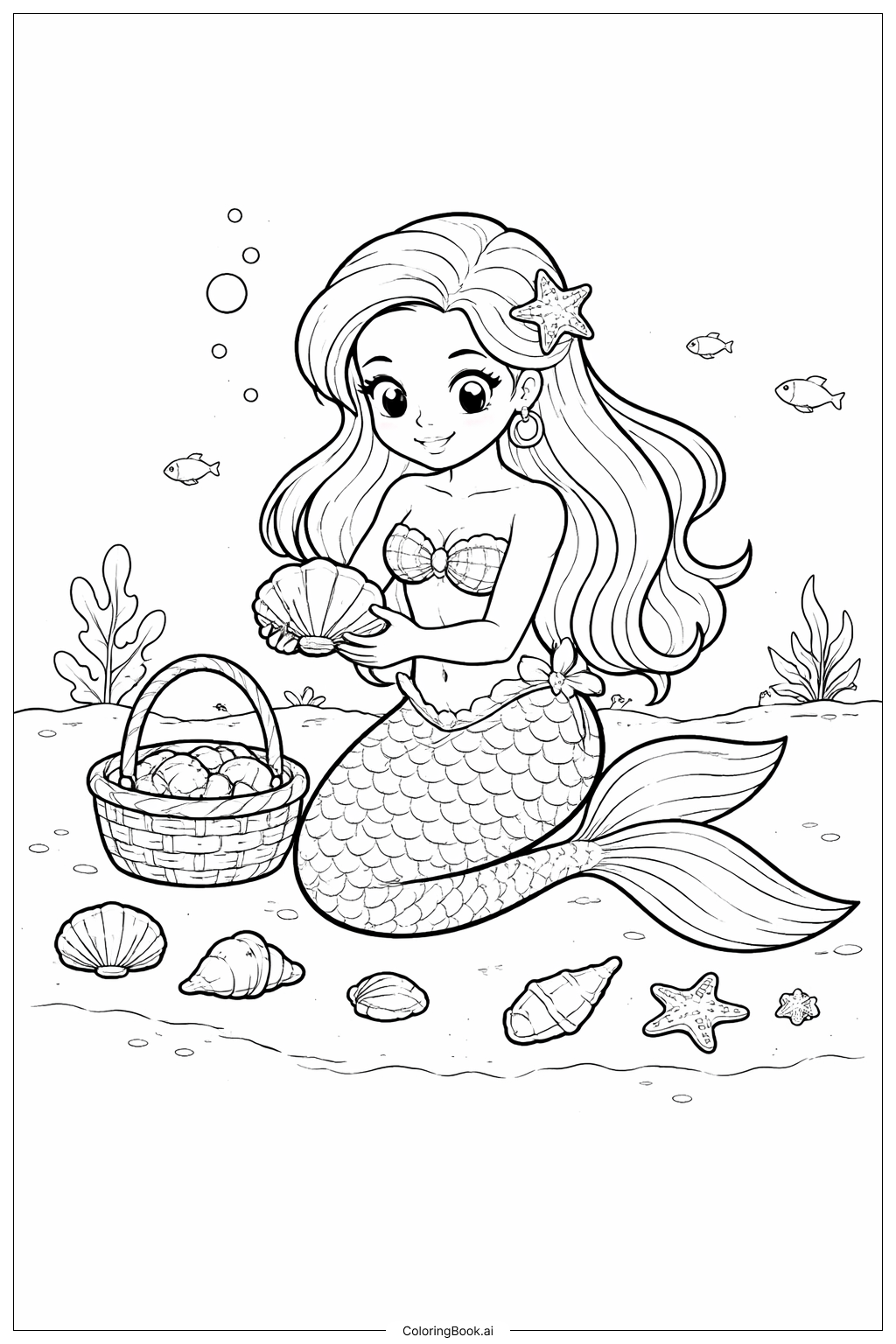  Página para colorear de La Sirenita Coleccionando Conchas 