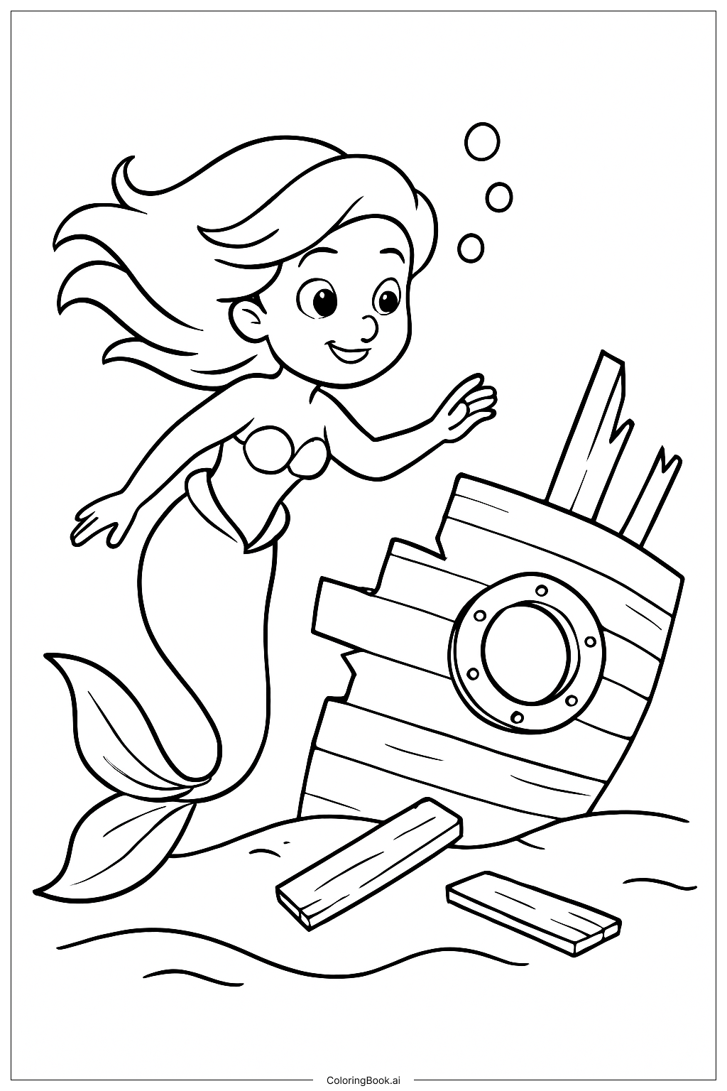  Página para colorear de La Sirenita Explorando un Naufragio 