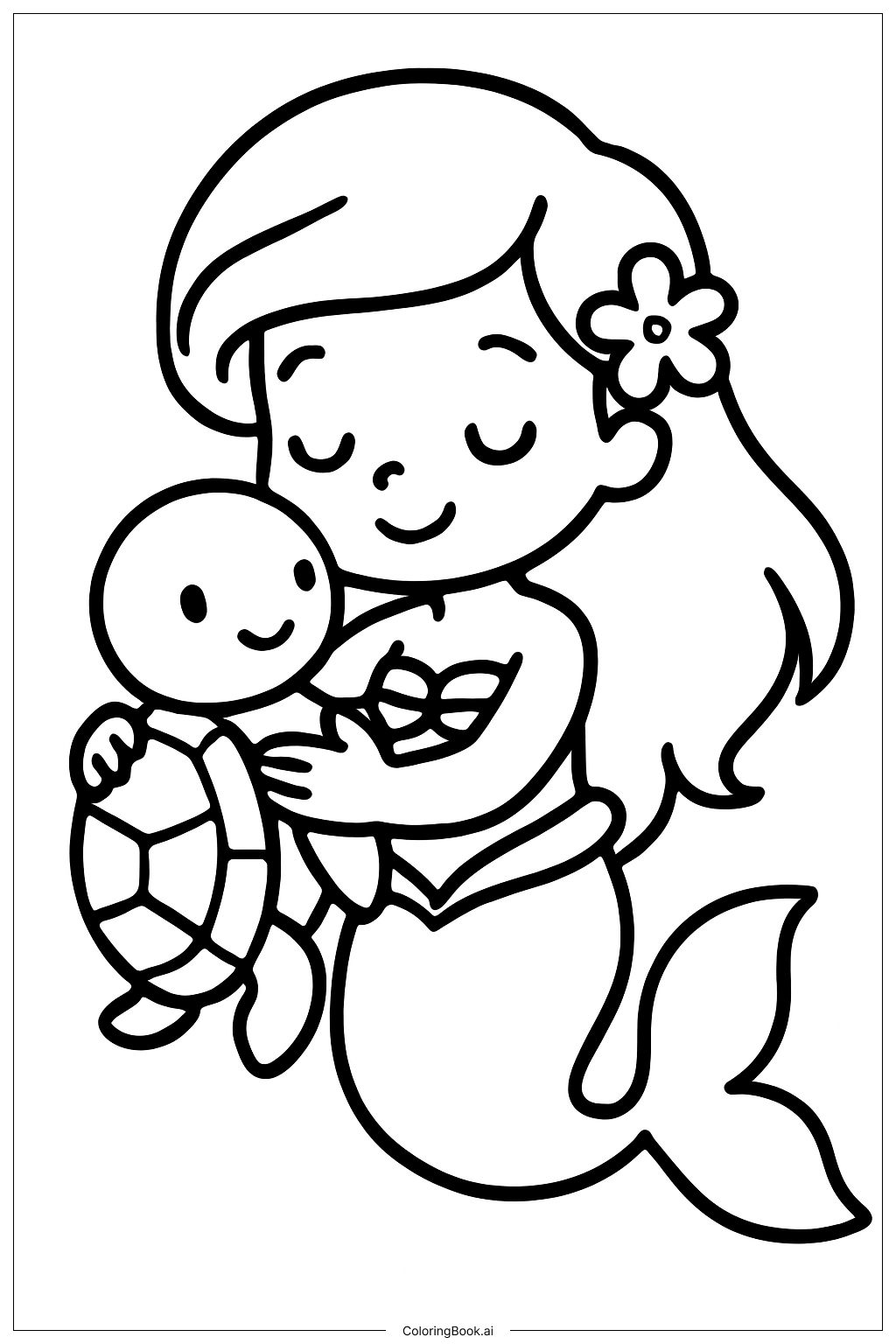  Página para colorear de La Sirenita Abrazando a una Tortuga 