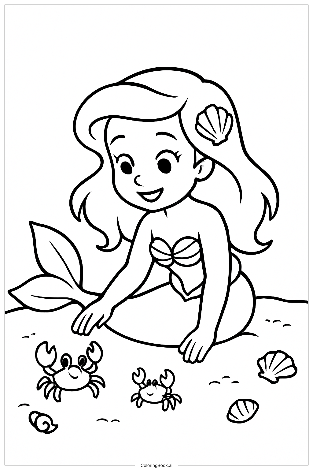  Página para colorear de La Sirenita Jugando con Cangrejos 