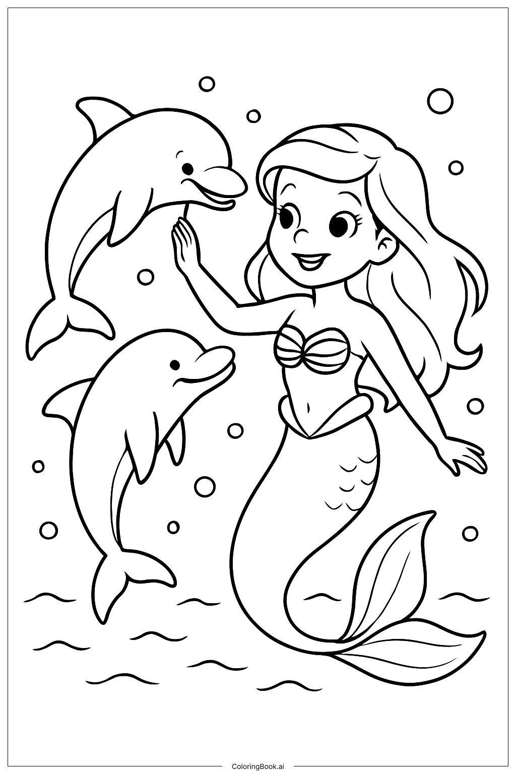  Página para colorear de La Sirenita Jugando con Delfines 