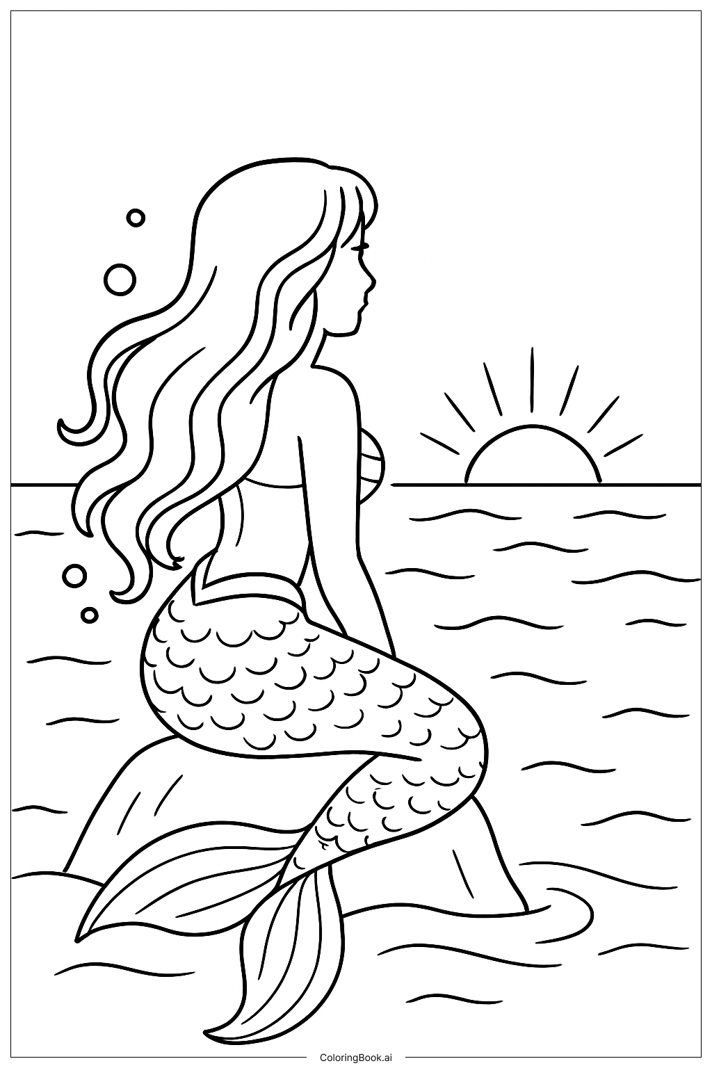  Página para colorear de La Sirenita mirando el amanecer 