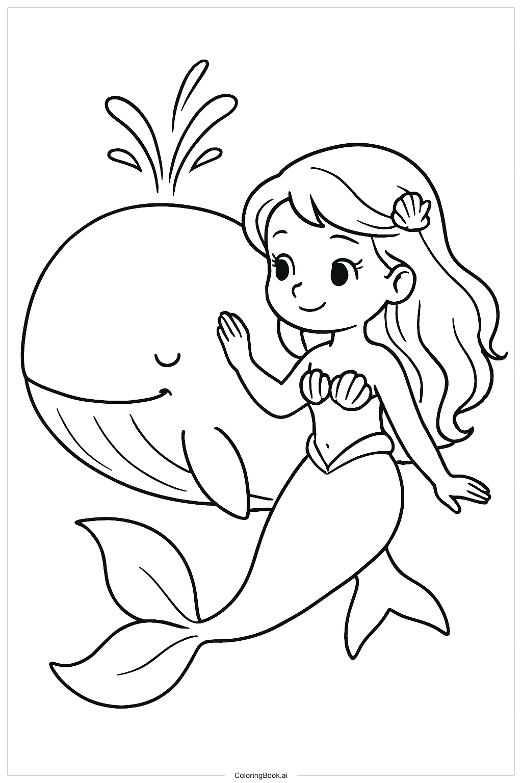  Página para colorear de La Sirenita con Ballena Amigable 