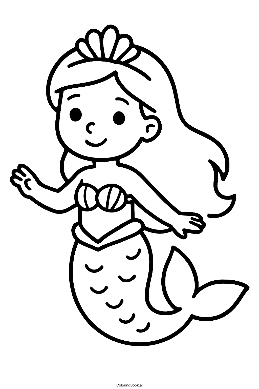  Página para colorear de Pequeña Sirena con Corona de Conchas 