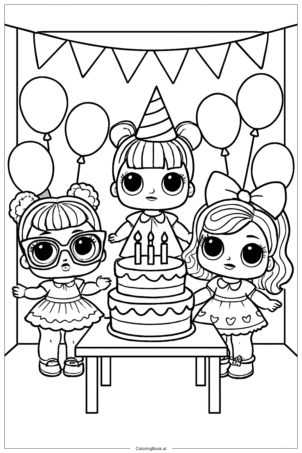 Página para colorir de Cena da Festa de Aniversário LOL